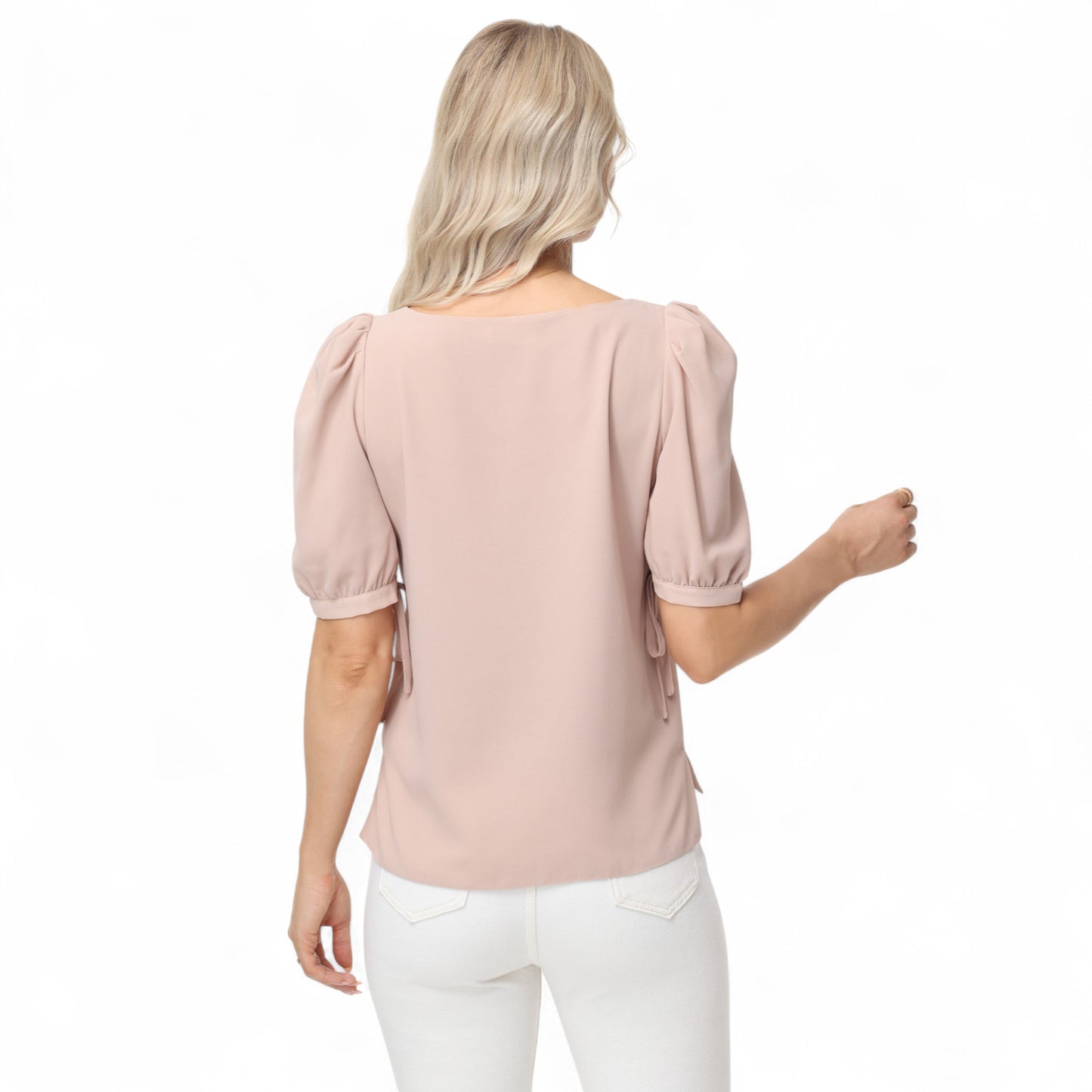 Anna-Kaci Women's Short Puff Sleeve Blouse with Scoop Neckline and Tie Cuff Detail for a Feminine Everyday Look
