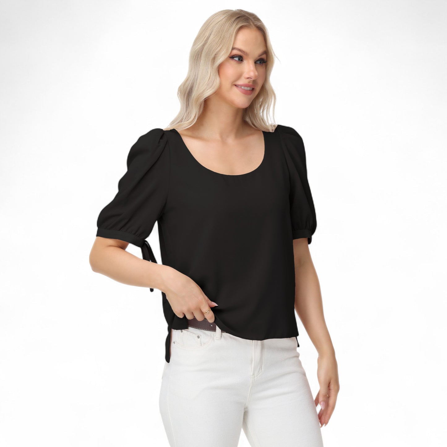 Anna-Kaci Women's Short Puff Sleeve Blouse with Scoop Neckline and Tie Cuff Detail for a Feminine Everyday Look