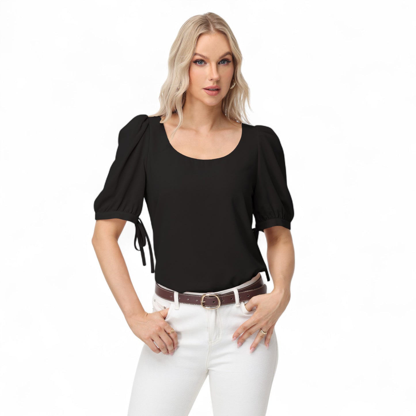 Anna-Kaci Women's Short Puff Sleeve Blouse with Scoop Neckline and Tie Cuff Detail for a Feminine Everyday Look