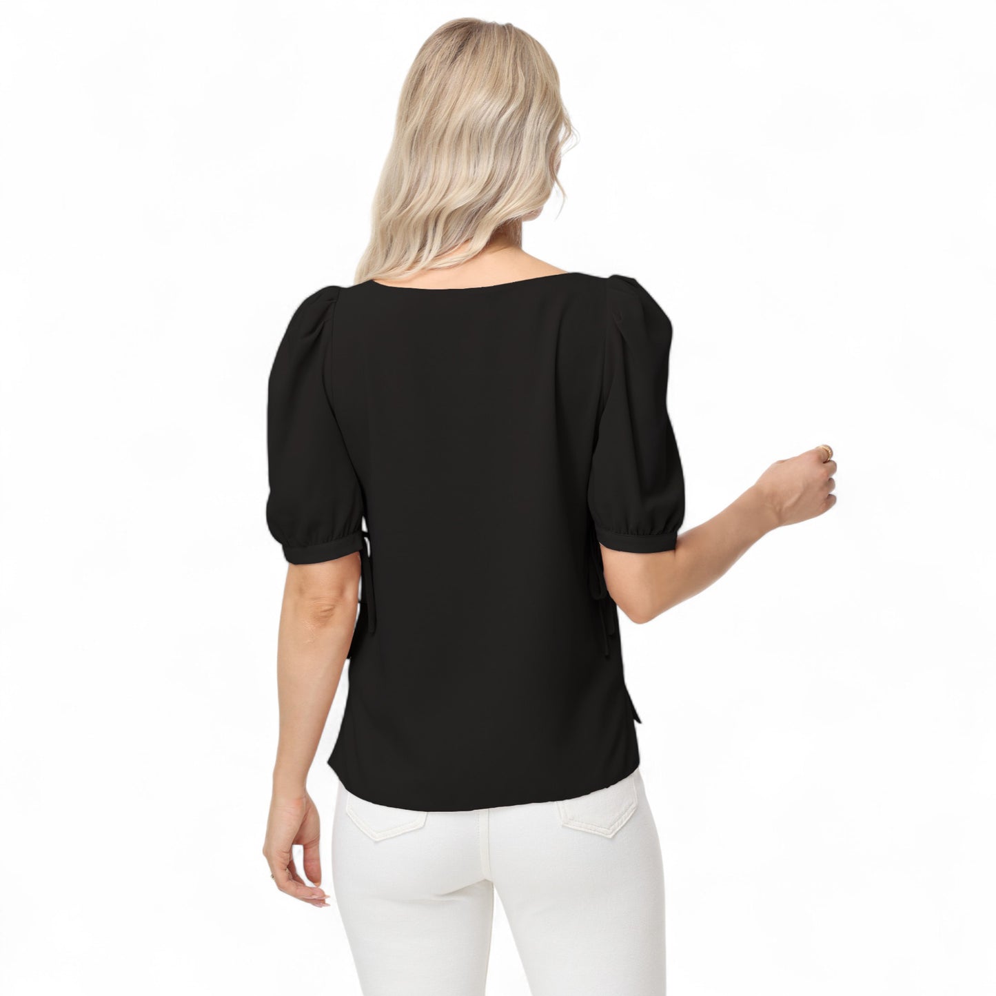 Anna-Kaci Women's Short Puff Sleeve Blouse with Scoop Neckline and Tie Cuff Detail for a Feminine Everyday Look