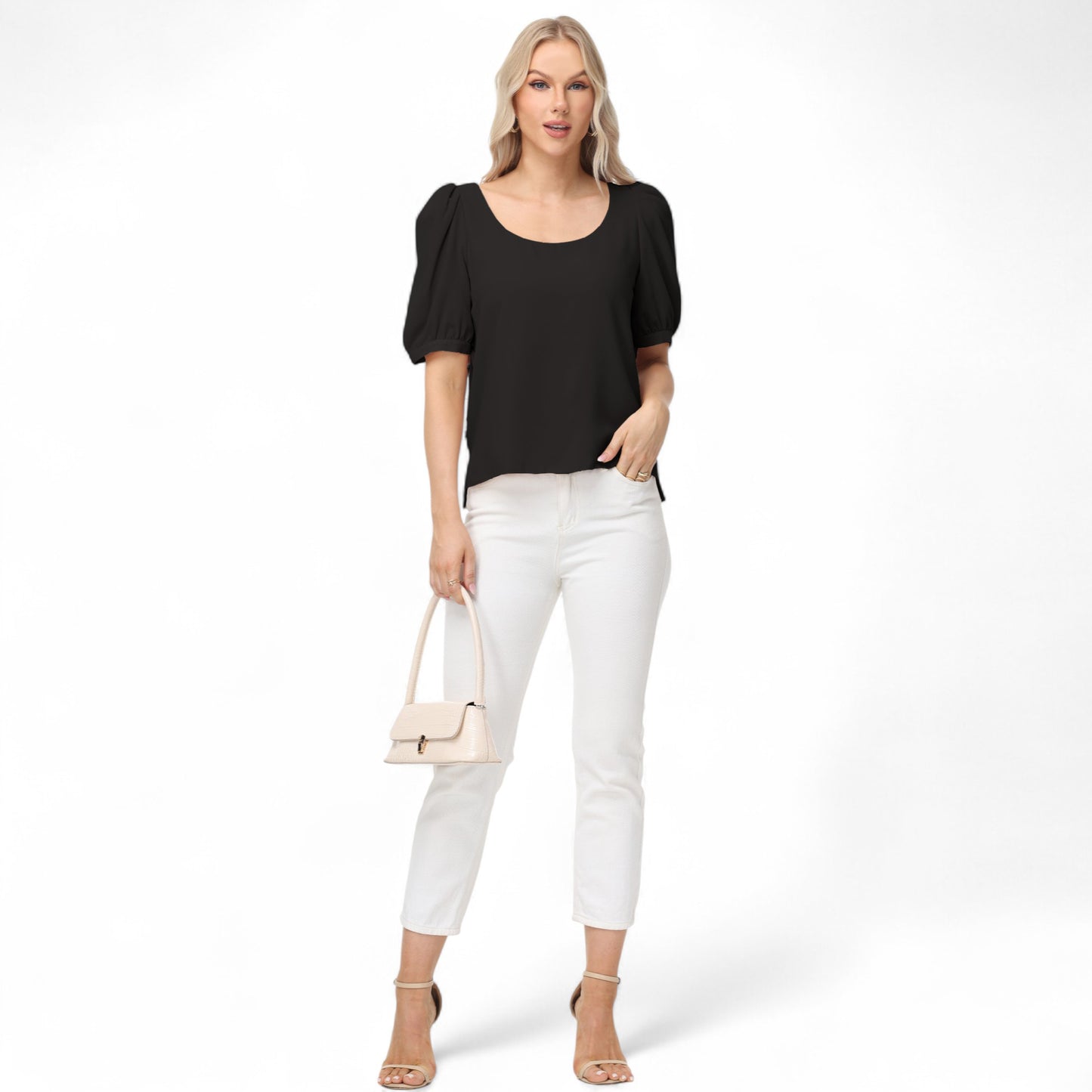Anna-Kaci Women's Short Puff Sleeve Blouse with Scoop Neckline and Tie Cuff Detail for a Feminine Everyday Look