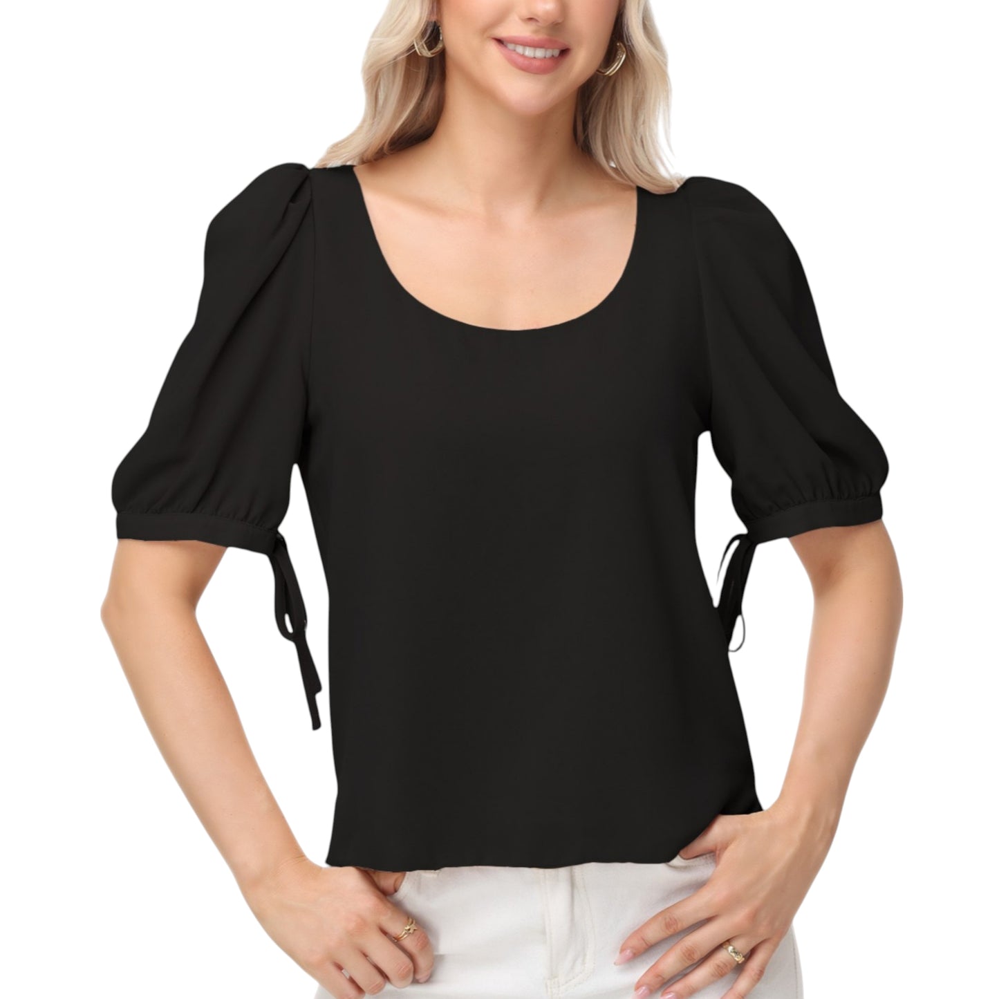 Anna-Kaci Women's Short Puff Sleeve Blouse with Scoop Neckline and Tie Cuff Detail for a Feminine Everyday Look