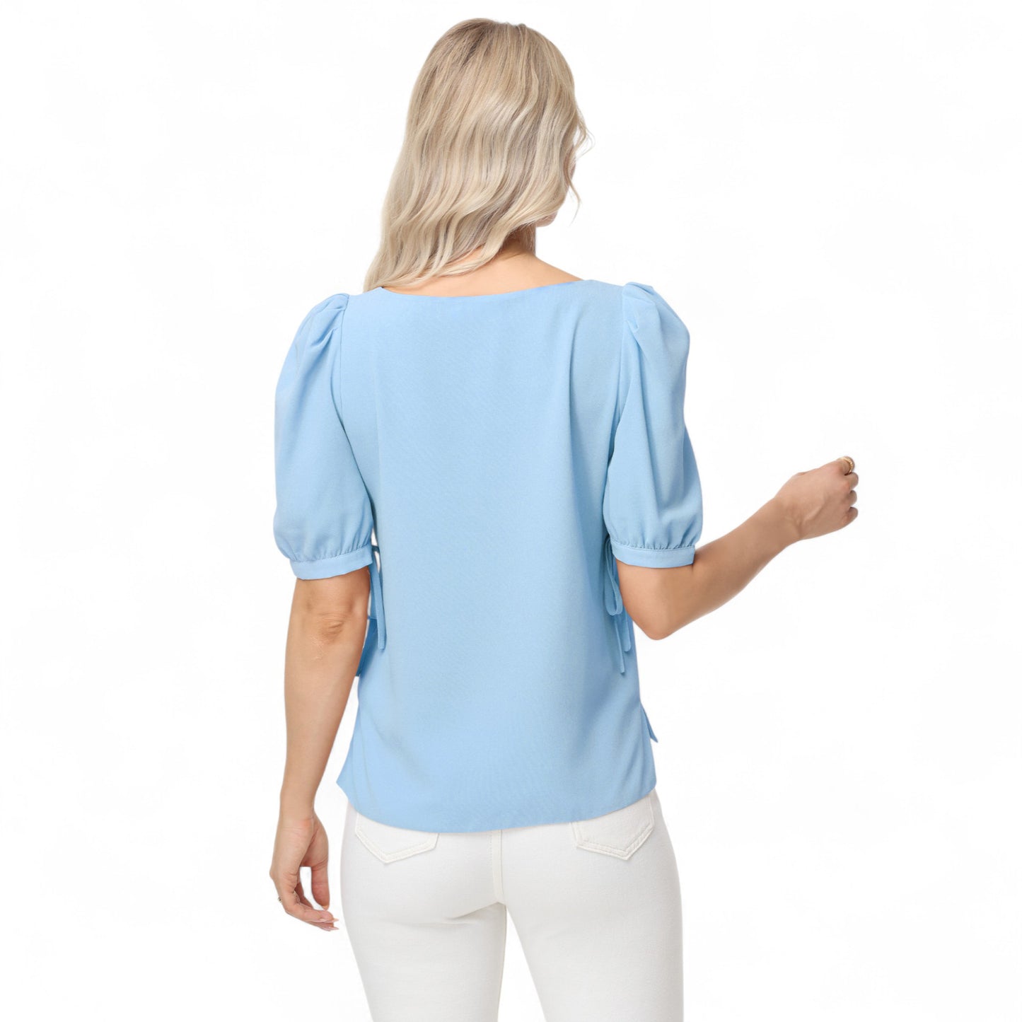 Anna-Kaci Women's Short Puff Sleeve Blouse with Scoop Neckline and Tie Cuff Detail for a Feminine Everyday Look