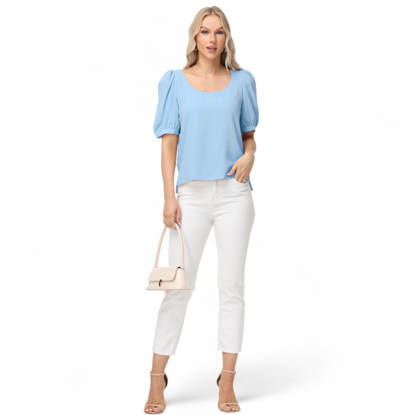 Anna-Kaci Women's Short Puff Sleeve Blouse with Scoop Neckline and Tie Cuff Detail for a Feminine Everyday Look