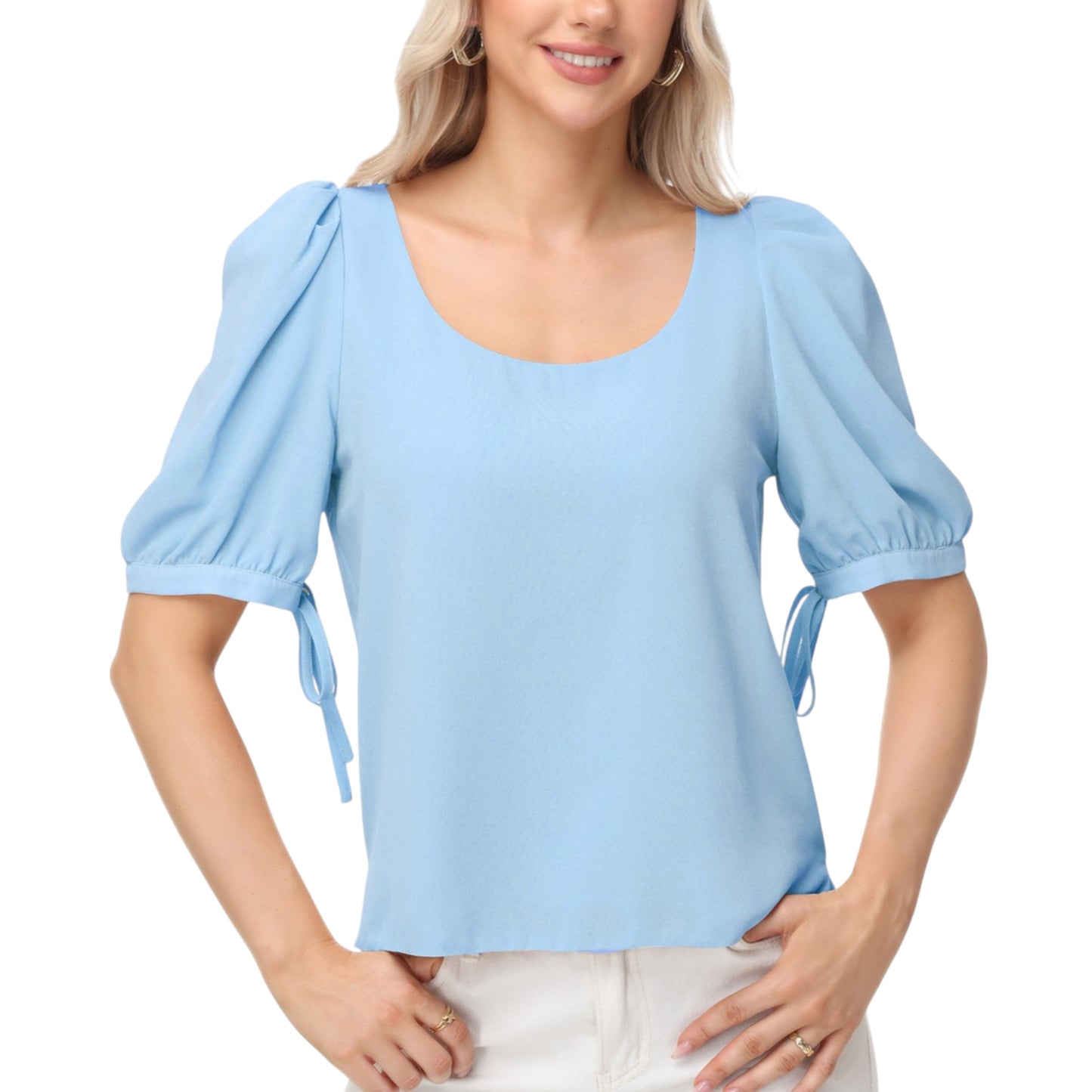 Anna-Kaci Women's Short Puff Sleeve Blouse with Scoop Neckline and Tie Cuff Detail for a Feminine Everyday Look