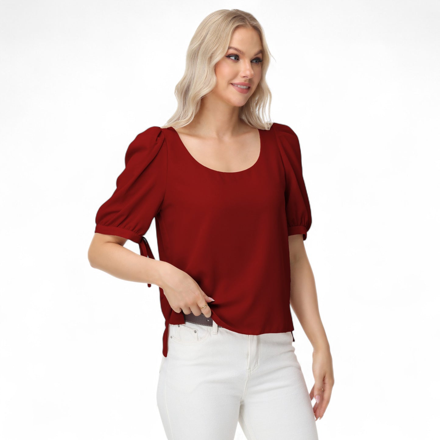 Anna-Kaci Women's Short Puff Sleeve Blouse with Scoop Neckline and Tie Cuff Detail for a Feminine Everyday Look