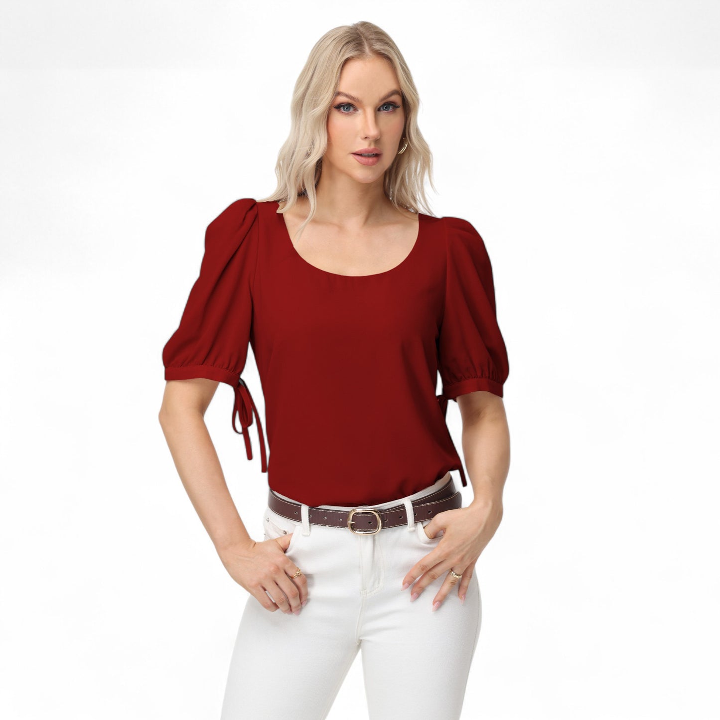 Anna-Kaci Women's Short Puff Sleeve Blouse with Scoop Neckline and Tie Cuff Detail for a Feminine Everyday Look