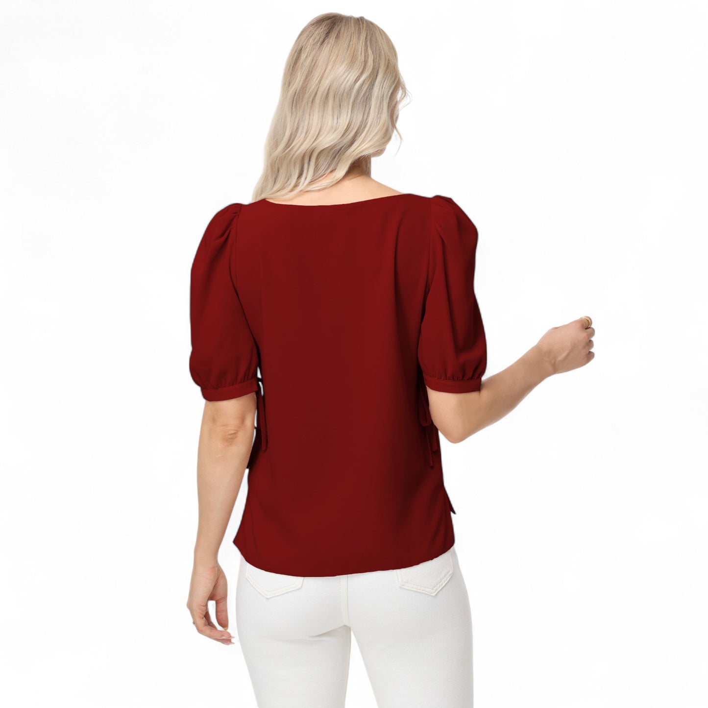 Anna-Kaci Women's Short Puff Sleeve Blouse with Scoop Neckline and Tie Cuff Detail for a Feminine Everyday Look