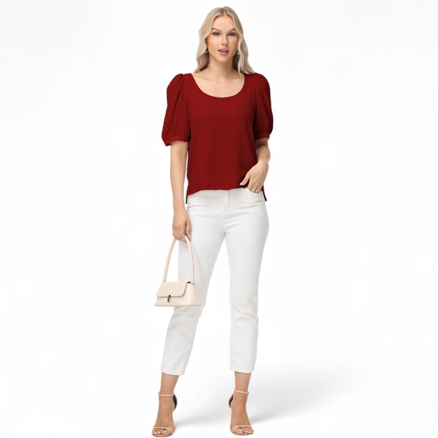 Anna-Kaci Women's Short Puff Sleeve Blouse with Scoop Neckline and Tie Cuff Detail for a Feminine Everyday Look