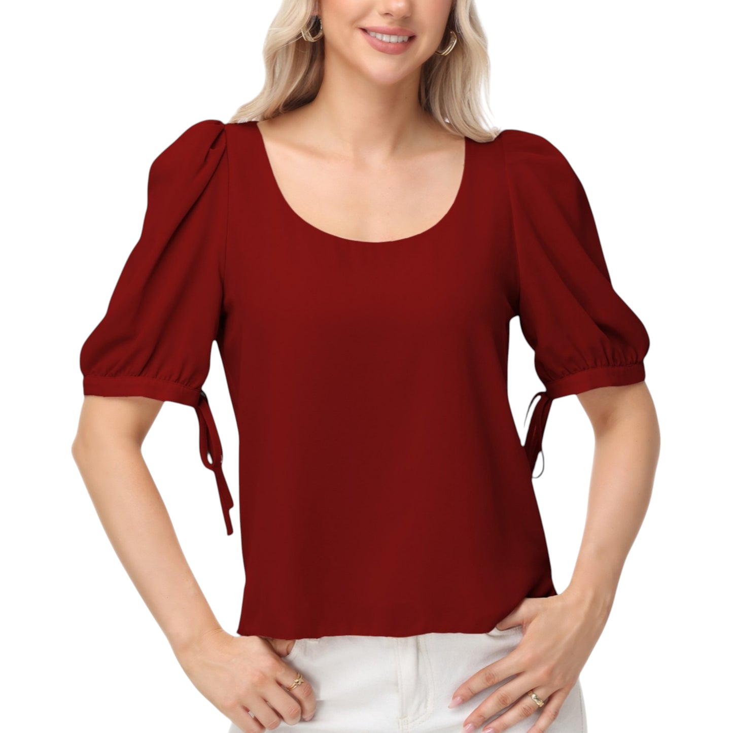 Anna-Kaci Women's Short Puff Sleeve Blouse with Scoop Neckline and Tie Cuff Detail for a Feminine Everyday Look