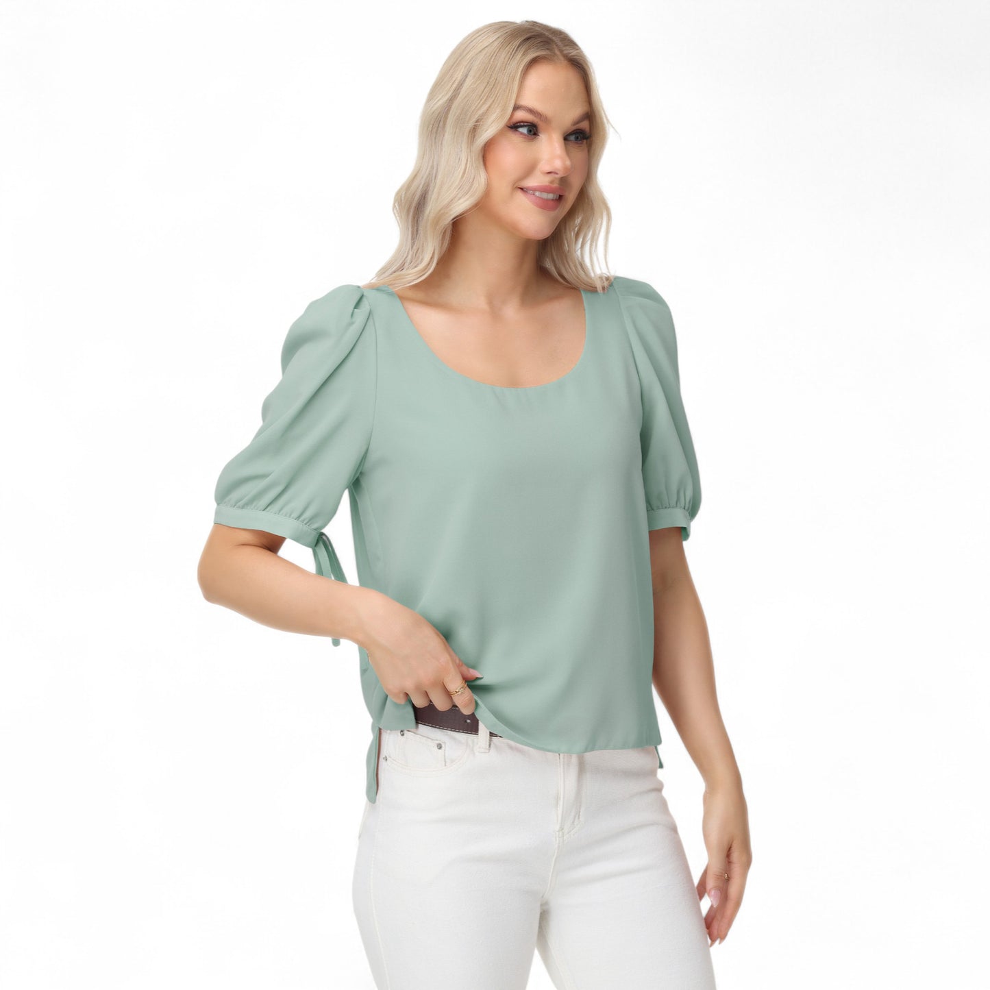 Anna-Kaci Women's Short Puff Sleeve Blouse with Scoop Neckline and Tie Cuff Detail for a Feminine Everyday Look