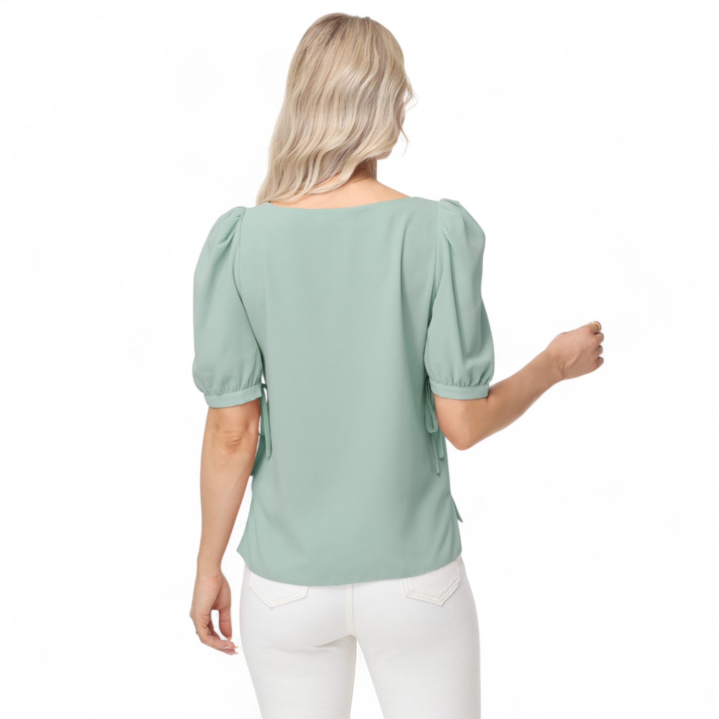 Anna-Kaci Women's Short Puff Sleeve Blouse with Scoop Neckline and Tie Cuff Detail for a Feminine Everyday Look