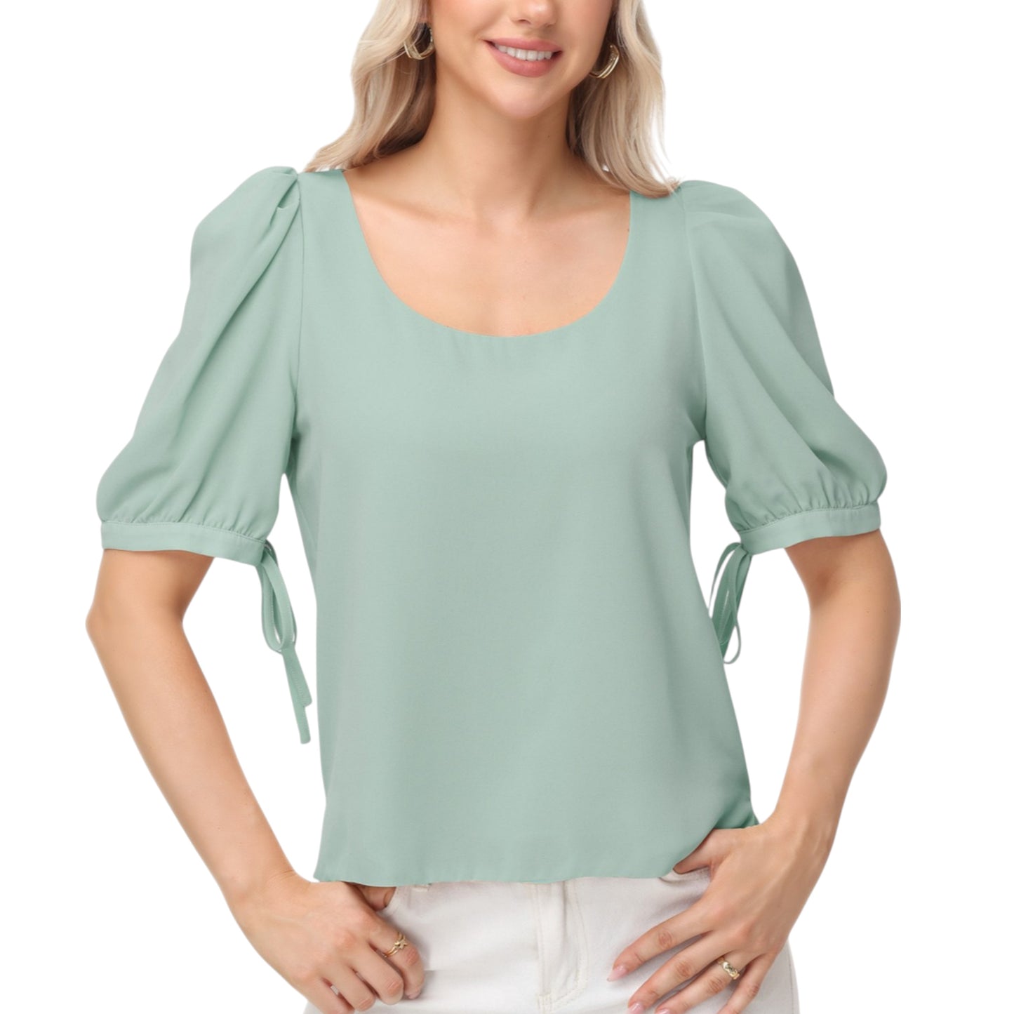 Anna-Kaci Women's Short Puff Sleeve Blouse with Scoop Neckline and Tie Cuff Detail for a Feminine Everyday Look