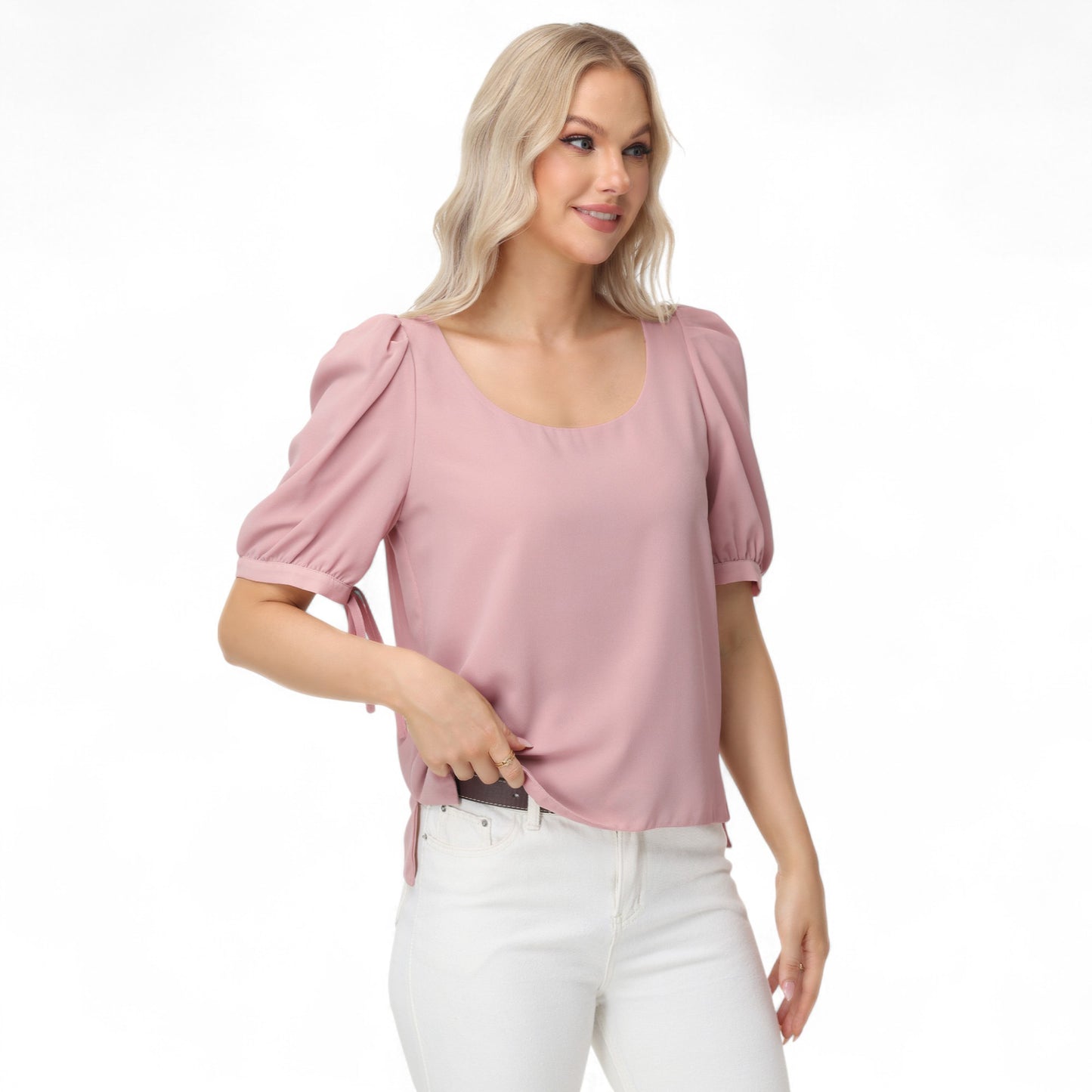 Anna-Kaci Women's Short Puff Sleeve Blouse with Scoop Neckline and Tie Cuff Detail for a Feminine Everyday Look