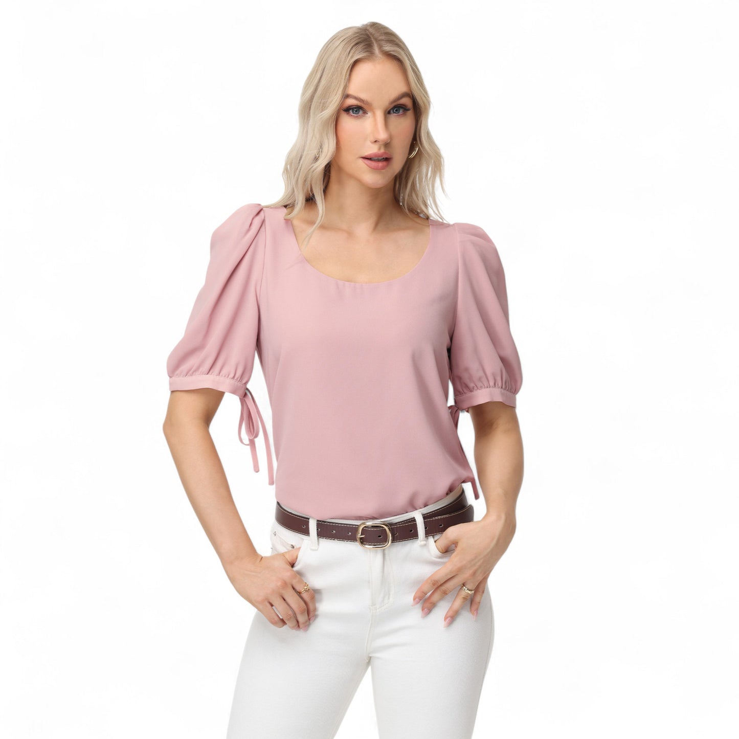 Anna-Kaci Women's Short Puff Sleeve Blouse with Scoop Neckline and Tie Cuff Detail for a Feminine Everyday Look