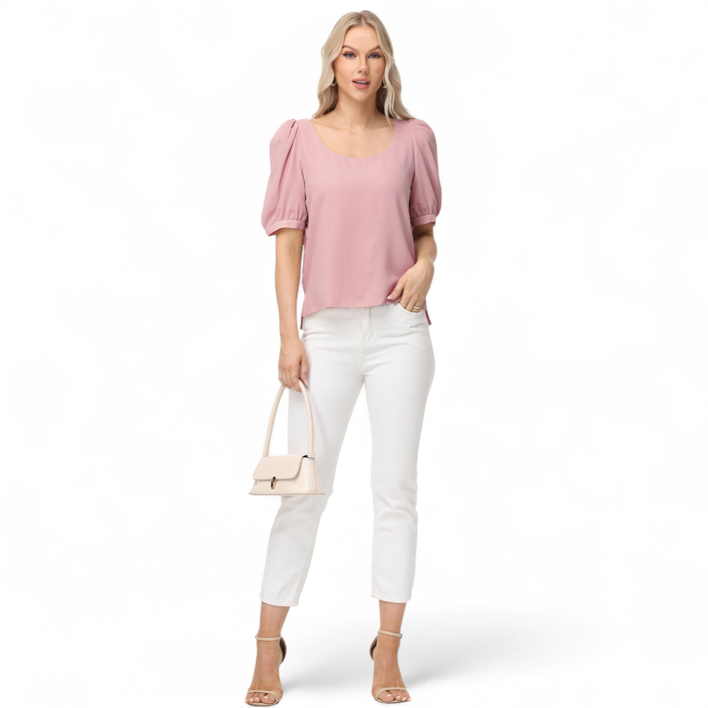 Anna-Kaci Women's Short Puff Sleeve Blouse with Scoop Neckline and Tie Cuff Detail for a Feminine Everyday Look