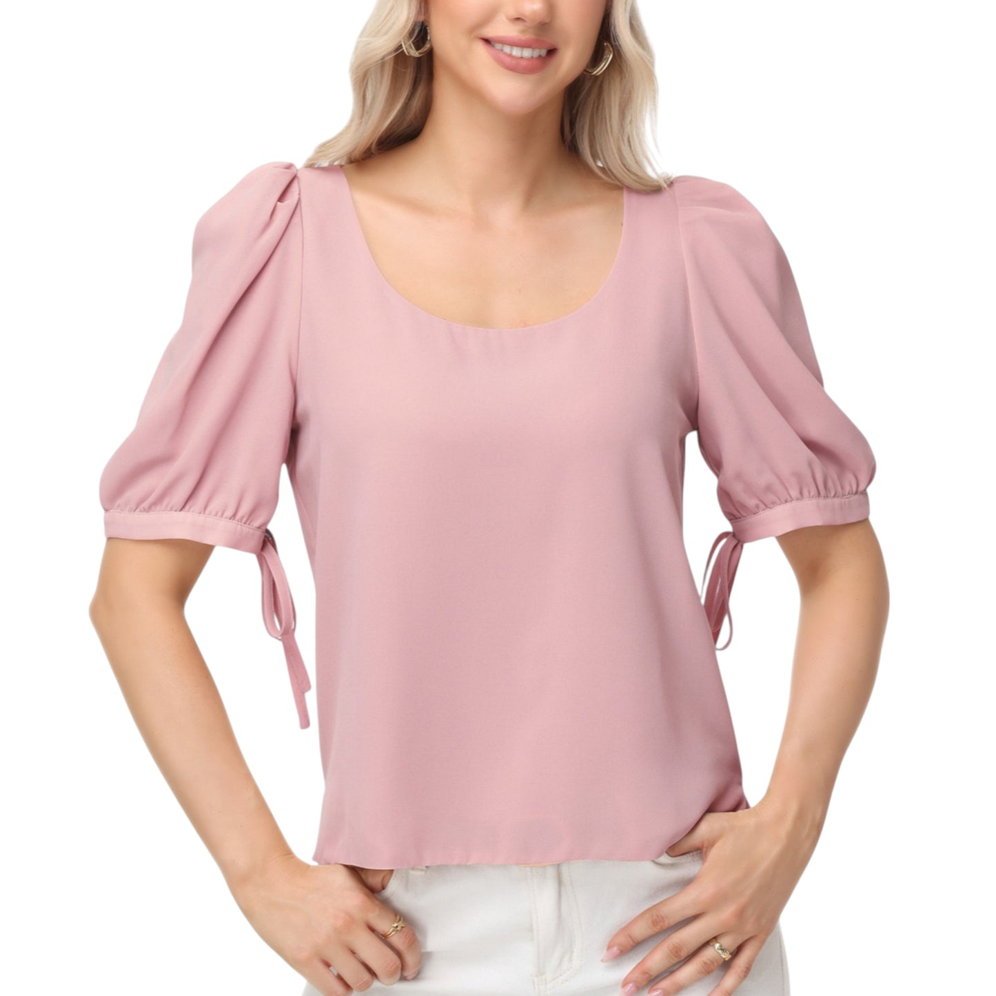 Anna-Kaci Women's Short Puff Sleeve Blouse with Scoop Neckline and Tie Cuff Detail for a Feminine Everyday Look