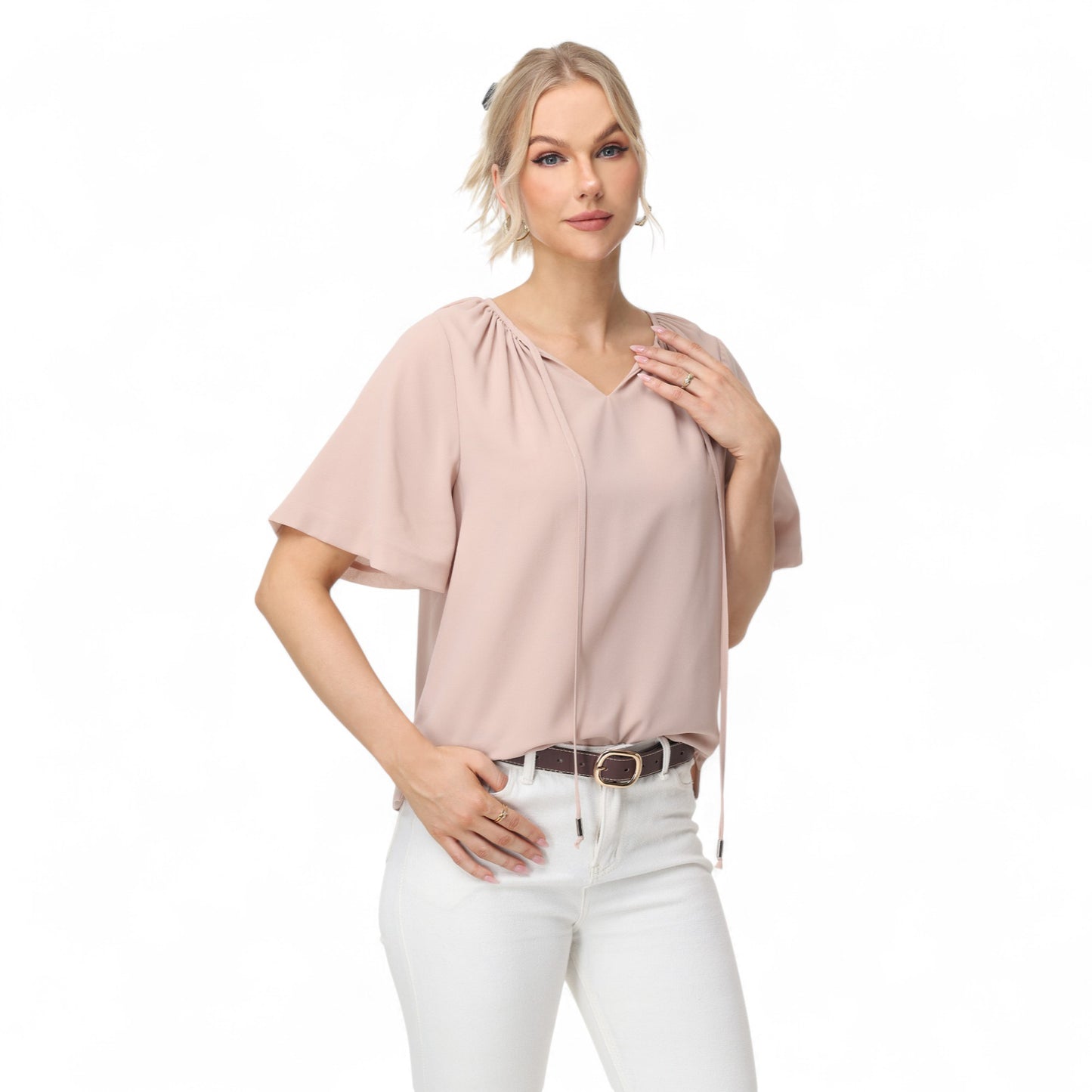 Anna-Kaci Women's Short Sleeve V-Neck Blouse with Gathered Shoulder Detail and Long Neck Tie Accent