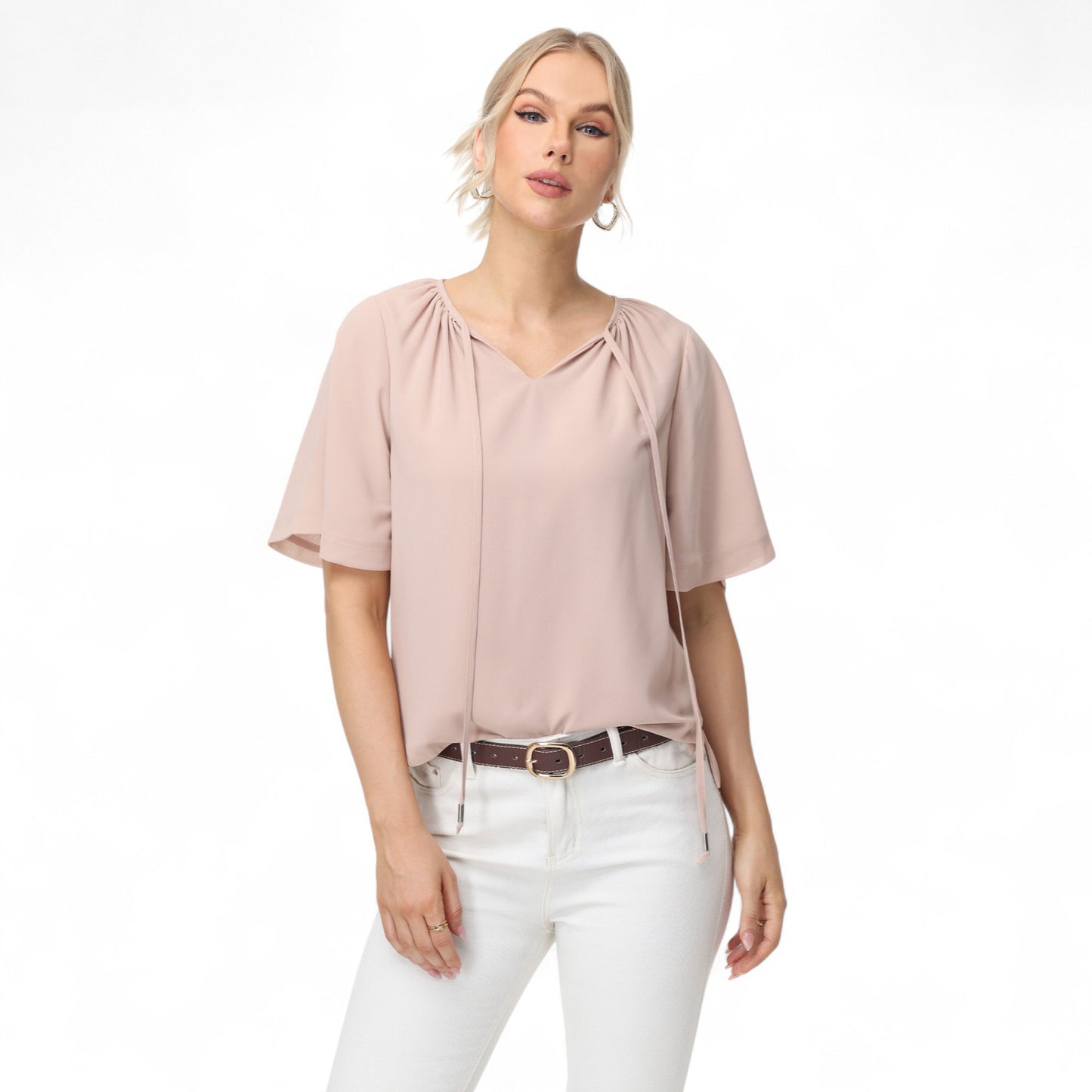 Anna-Kaci Women's Short Sleeve V-Neck Blouse with Gathered Shoulder Detail and Long Neck Tie Accent