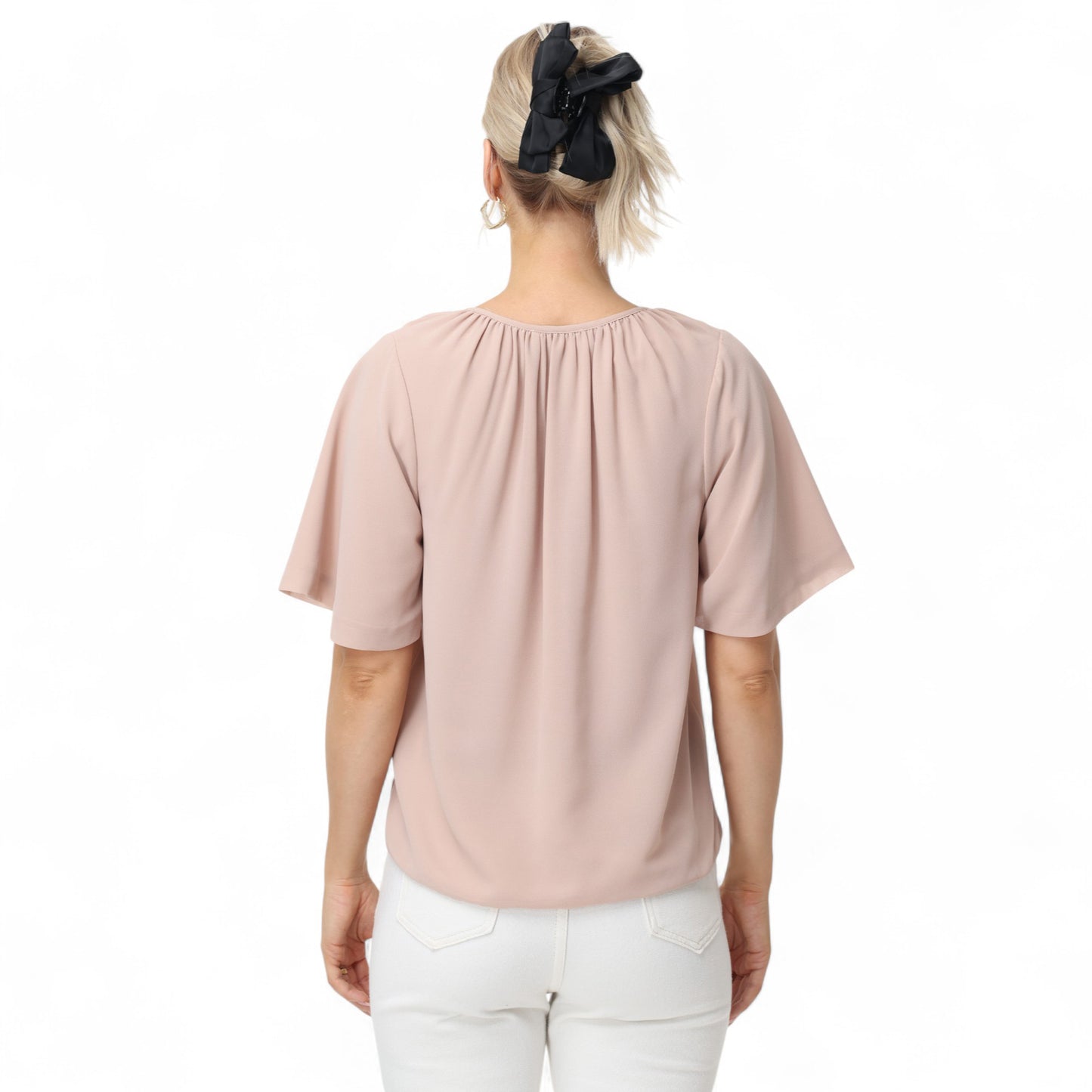 Anna-Kaci Women's Short Sleeve V-Neck Blouse with Gathered Shoulder Detail and Long Neck Tie Accent