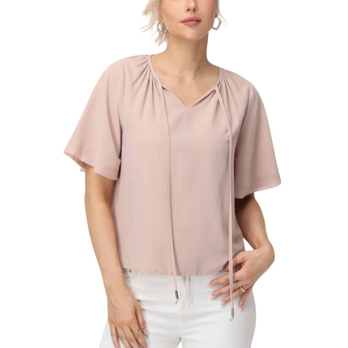 Anna-Kaci Women's Short Sleeve V-Neck Blouse with Gathered Shoulder Detail and Long Neck Tie Accent