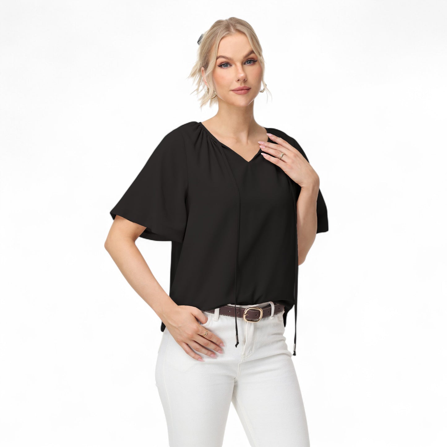 Anna-Kaci Women's Short Sleeve V-Neck Blouse with Gathered Shoulder Detail and Long Neck Tie Accent