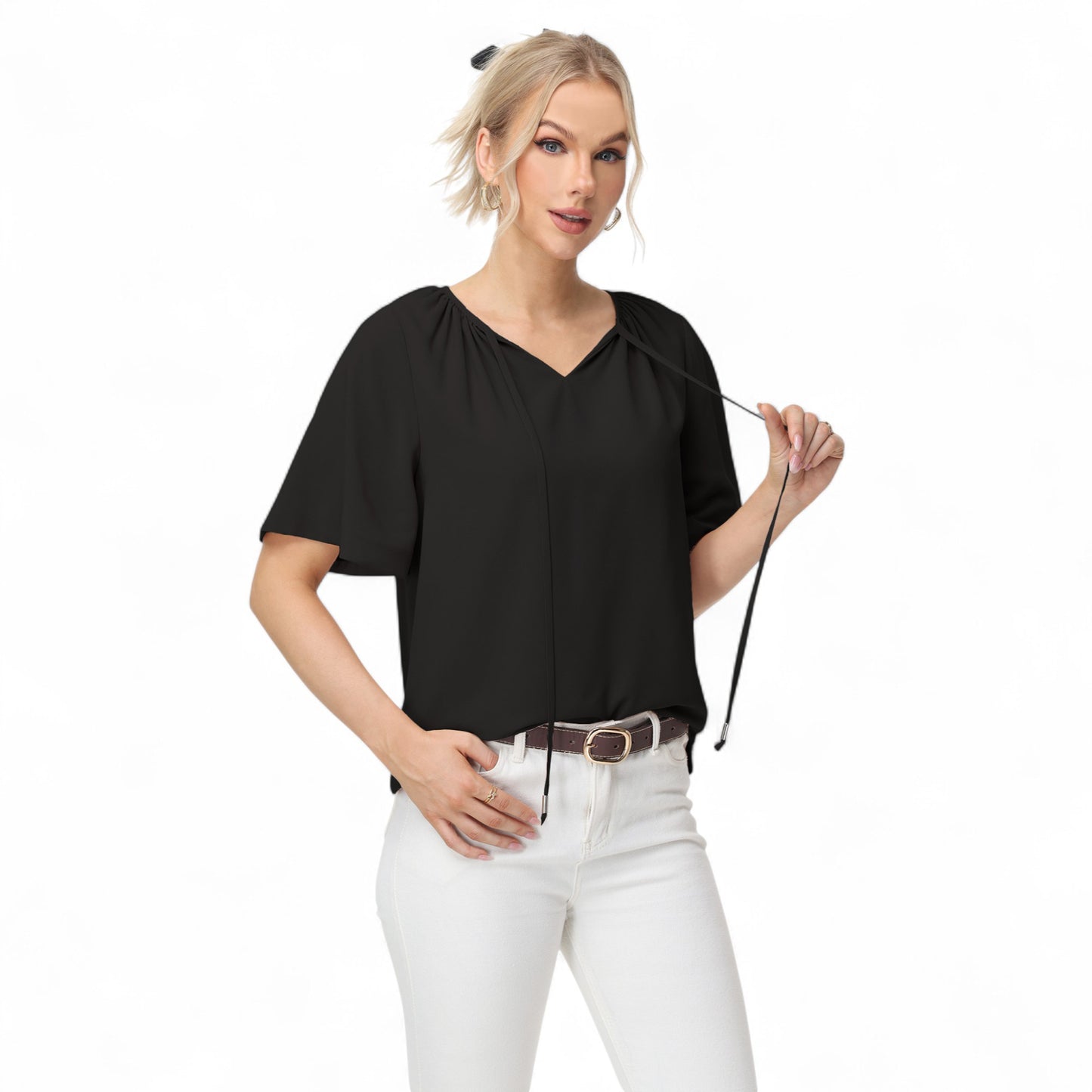 Anna-Kaci Women's Short Sleeve V-Neck Blouse with Gathered Shoulder Detail and Long Neck Tie Accent