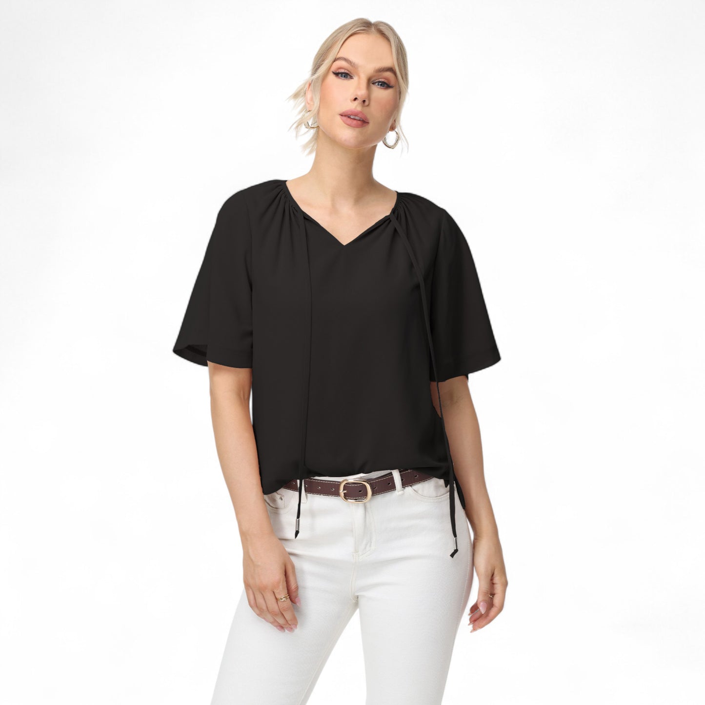 Anna-Kaci Women's Short Sleeve V-Neck Blouse with Gathered Shoulder Detail and Long Neck Tie Accent