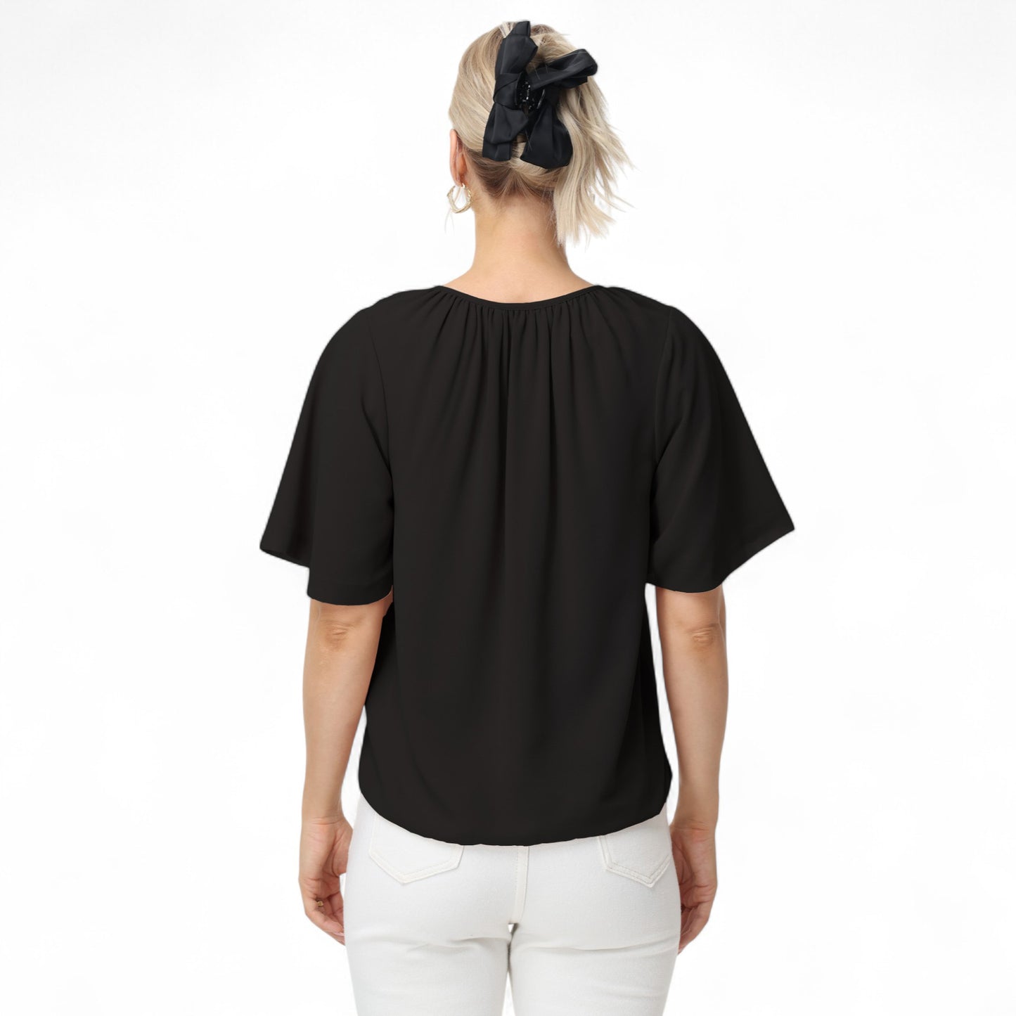 Anna-Kaci Women's Short Sleeve V-Neck Blouse with Gathered Shoulder Detail and Long Neck Tie Accent