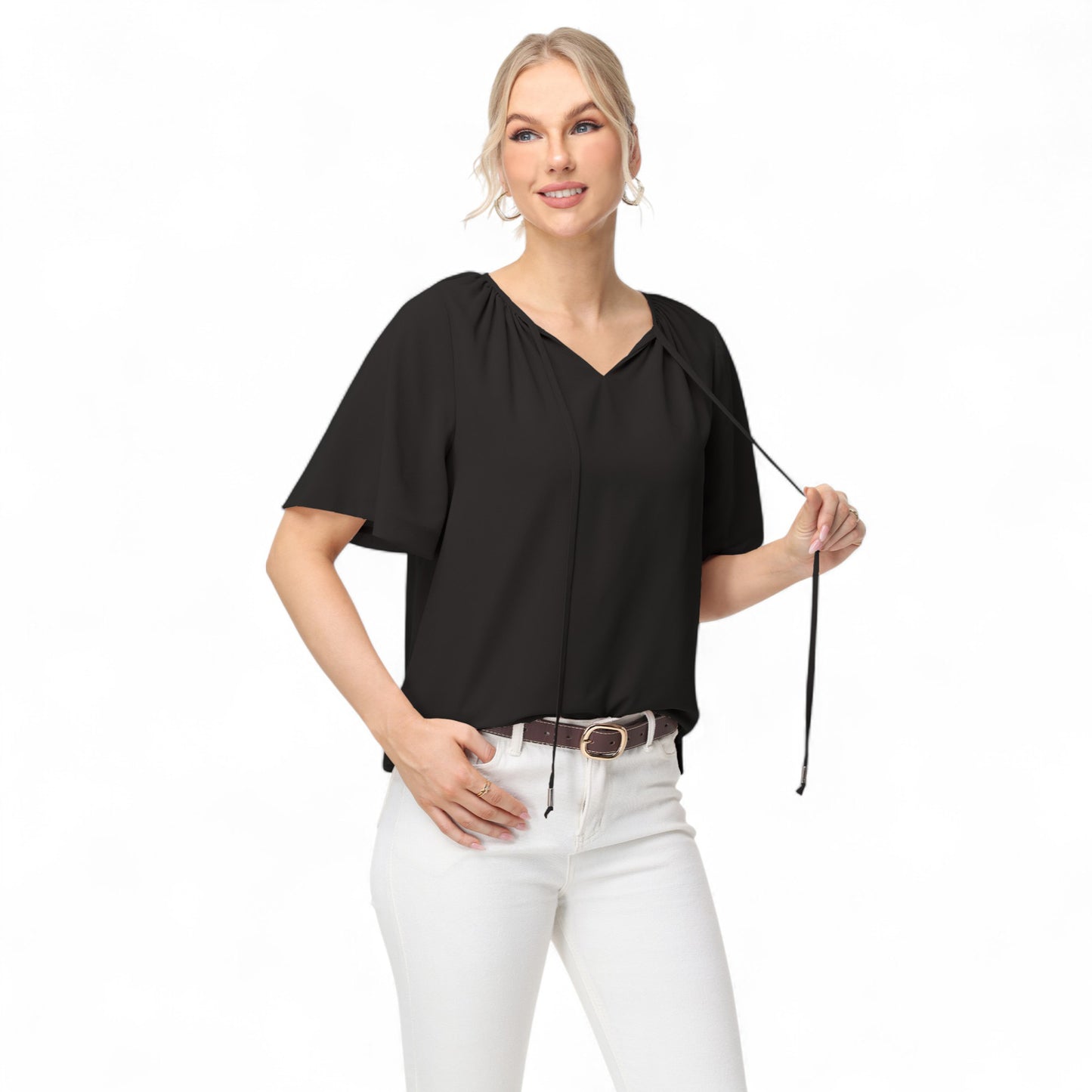 Anna-Kaci Women's Short Sleeve V-Neck Blouse with Gathered Shoulder Detail and Long Neck Tie Accent