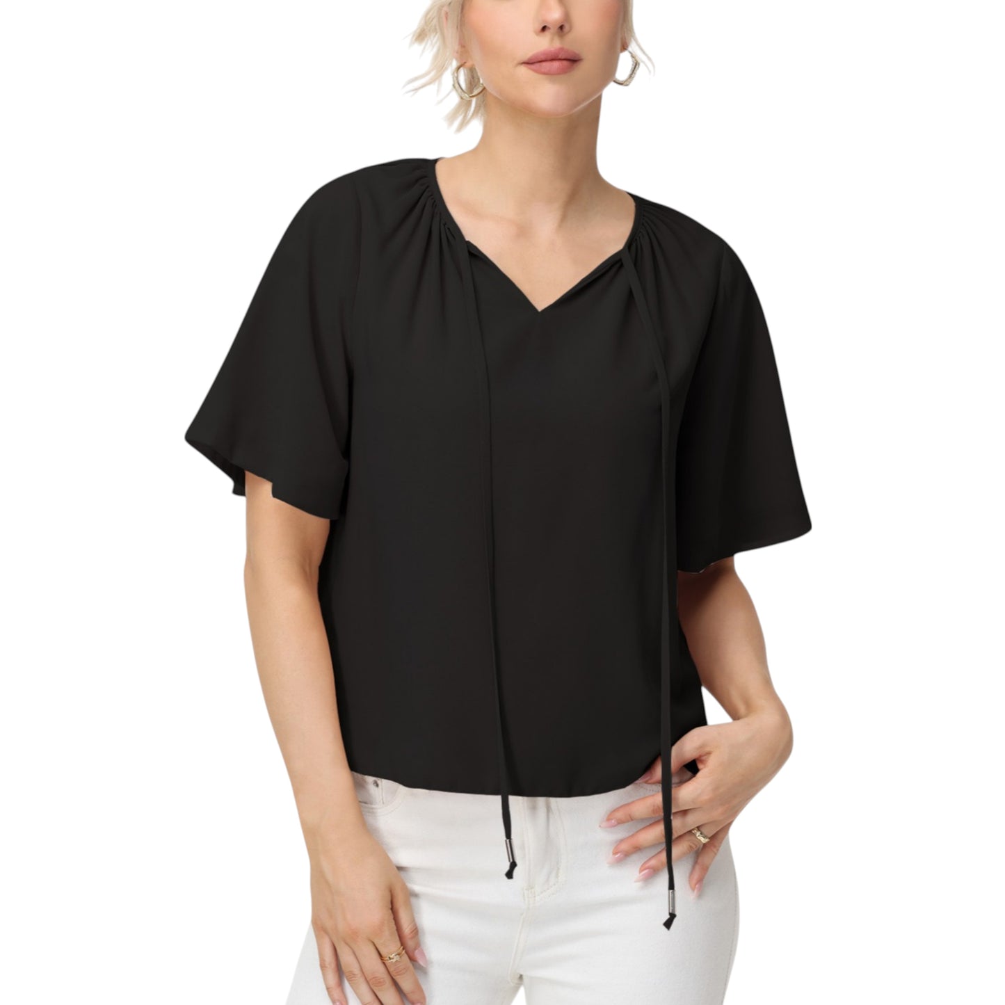 Anna-Kaci Women's Short Sleeve V-Neck Blouse with Gathered Shoulder Detail and Long Neck Tie Accent