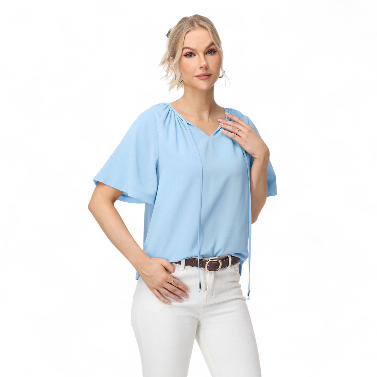 Anna-Kaci Women's Short Sleeve V-Neck Blouse with Gathered Shoulder Detail and Long Neck Tie Accent