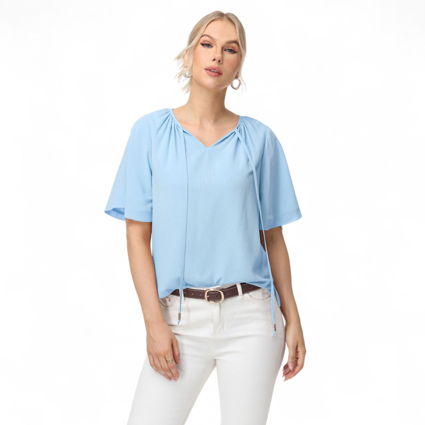 Anna-Kaci Women's Short Sleeve V-Neck Blouse with Gathered Shoulder Detail and Long Neck Tie Accent