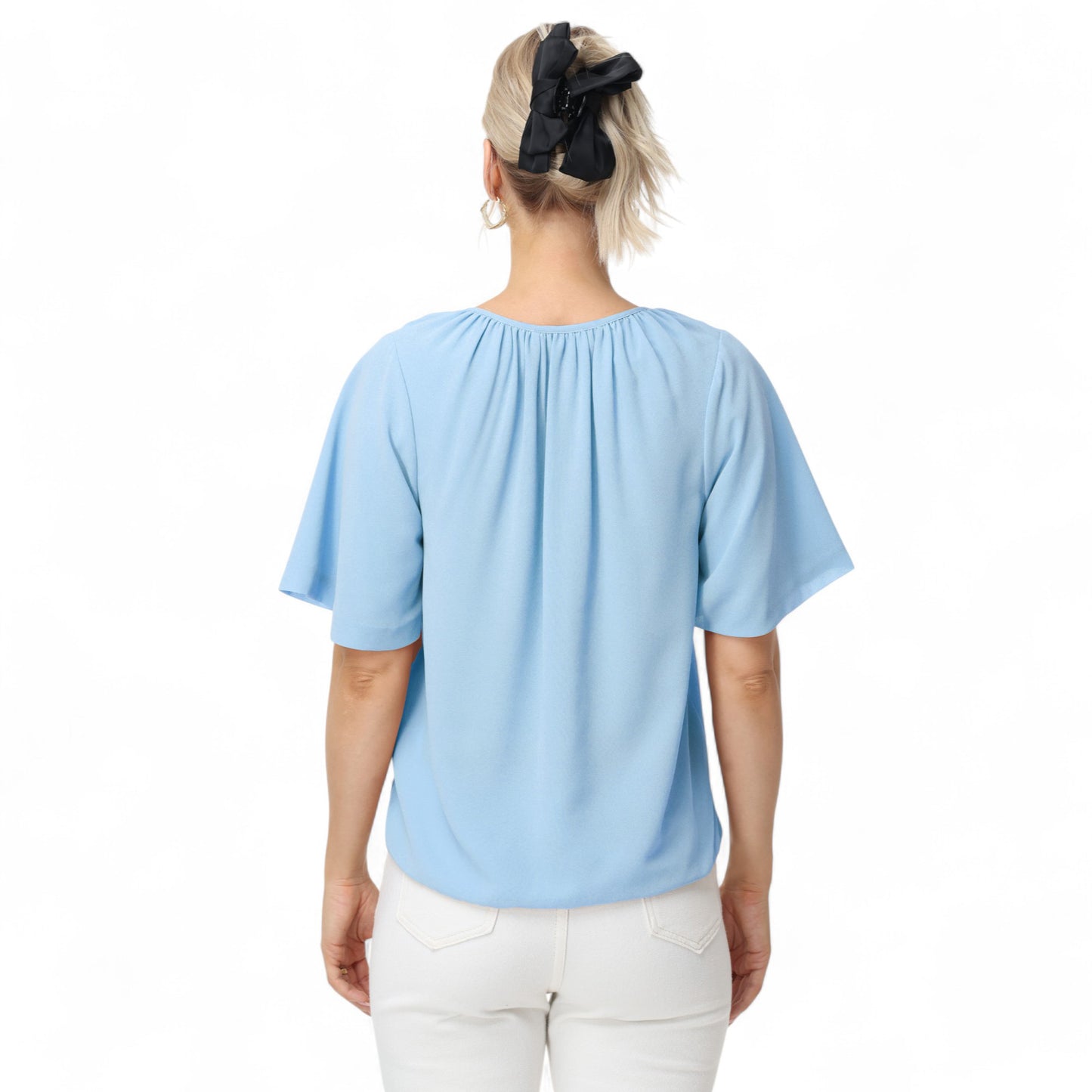 Anna-Kaci Women's Short Sleeve V-Neck Blouse with Gathered Shoulder Detail and Long Neck Tie Accent