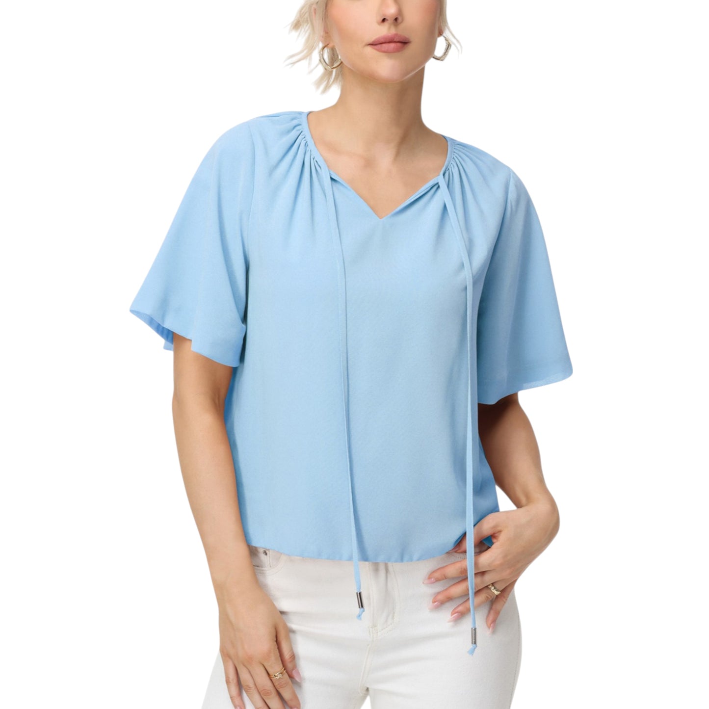 Anna-Kaci Women's Short Sleeve V-Neck Blouse with Gathered Shoulder Detail and Long Neck Tie Accent