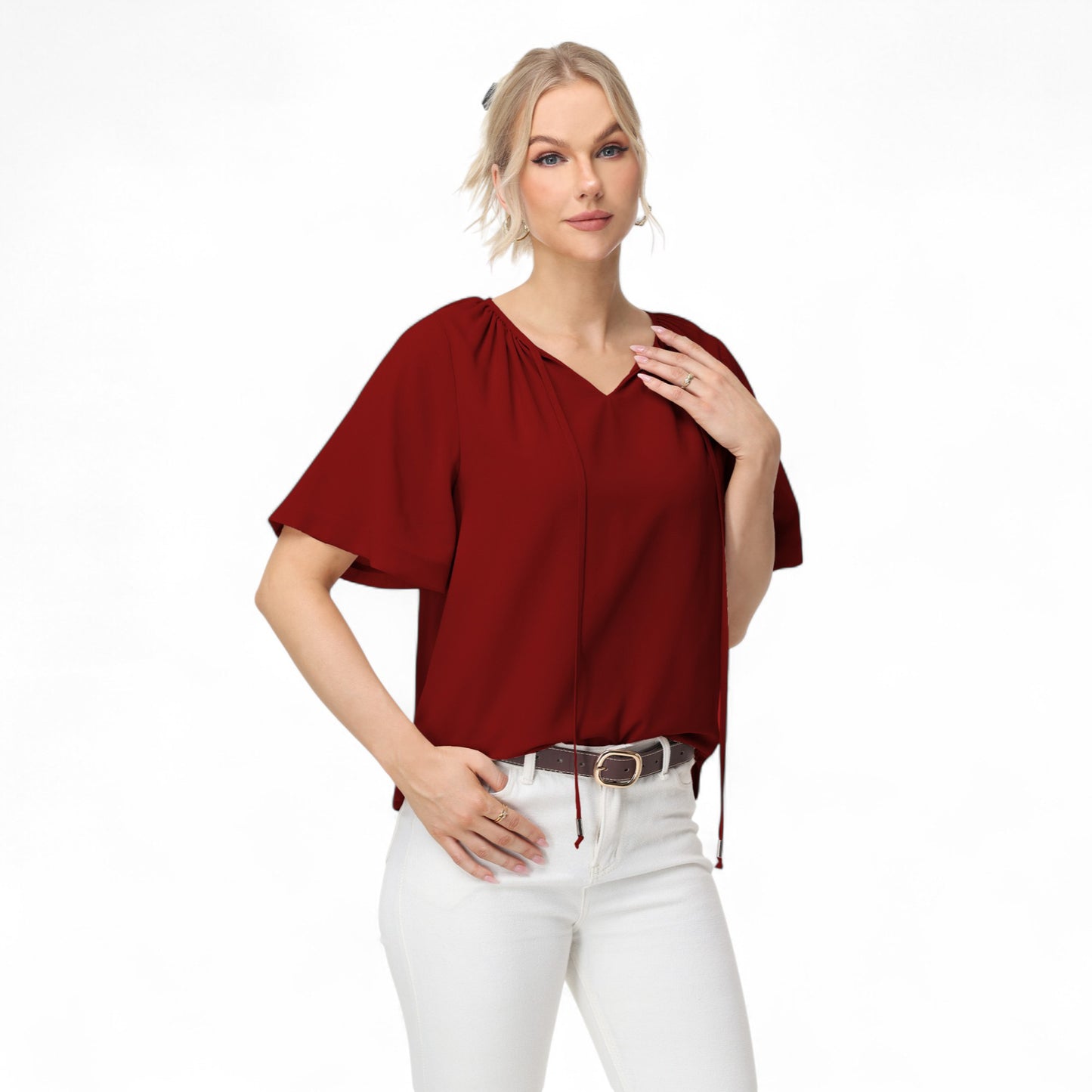 Anna-Kaci Women's Short Sleeve V-Neck Blouse with Gathered Shoulder Detail and Long Neck Tie Accent