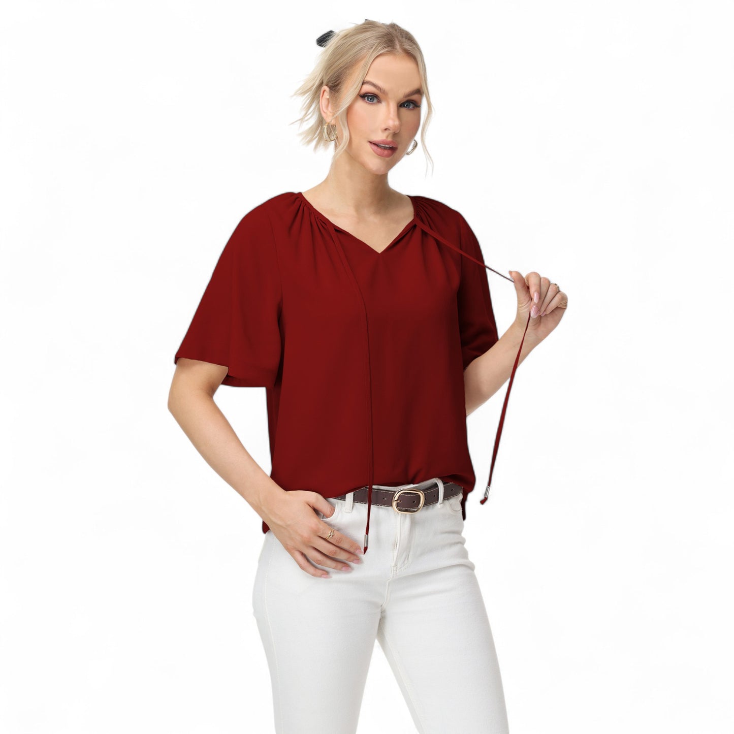 Anna-Kaci Women's Short Sleeve V-Neck Blouse with Gathered Shoulder Detail and Long Neck Tie Accent