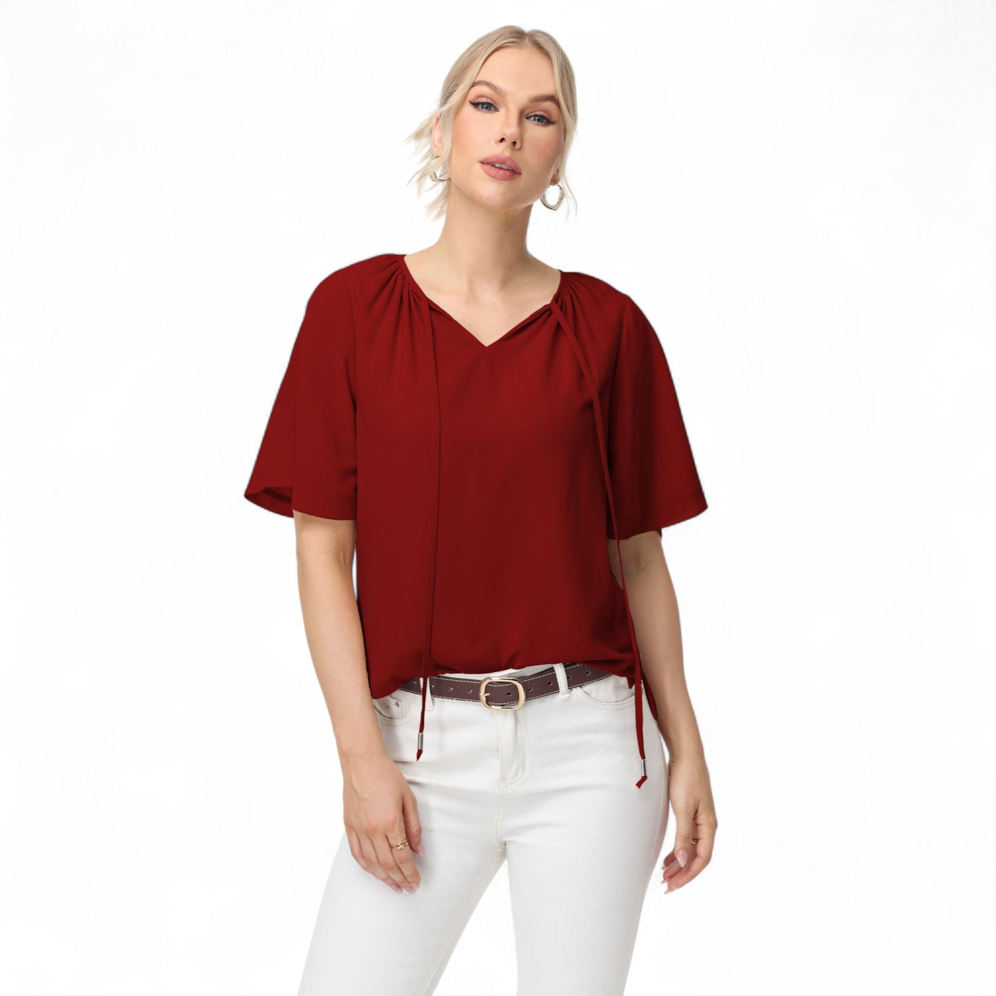 Anna-Kaci Women's Short Sleeve V-Neck Blouse with Gathered Shoulder Detail and Long Neck Tie Accent