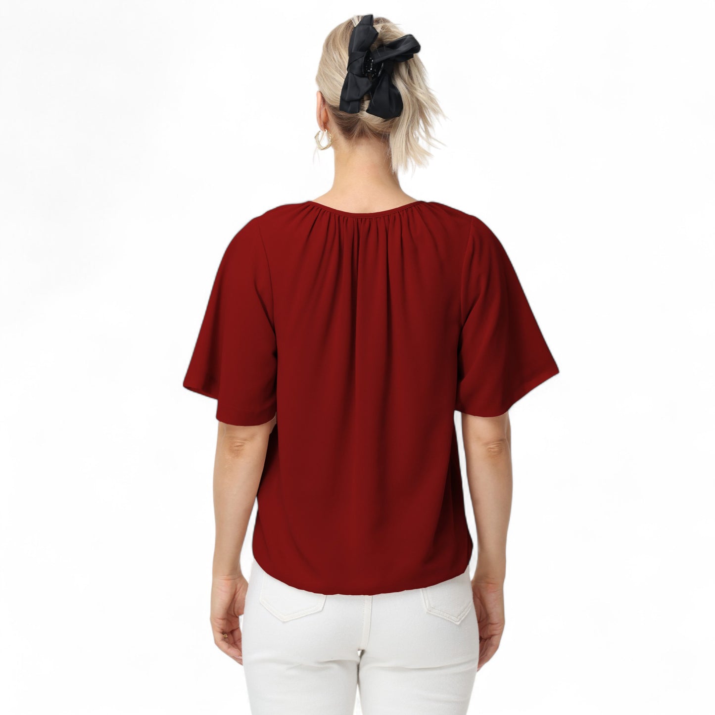 Anna-Kaci Women's Short Sleeve V-Neck Blouse with Gathered Shoulder Detail and Long Neck Tie Accent