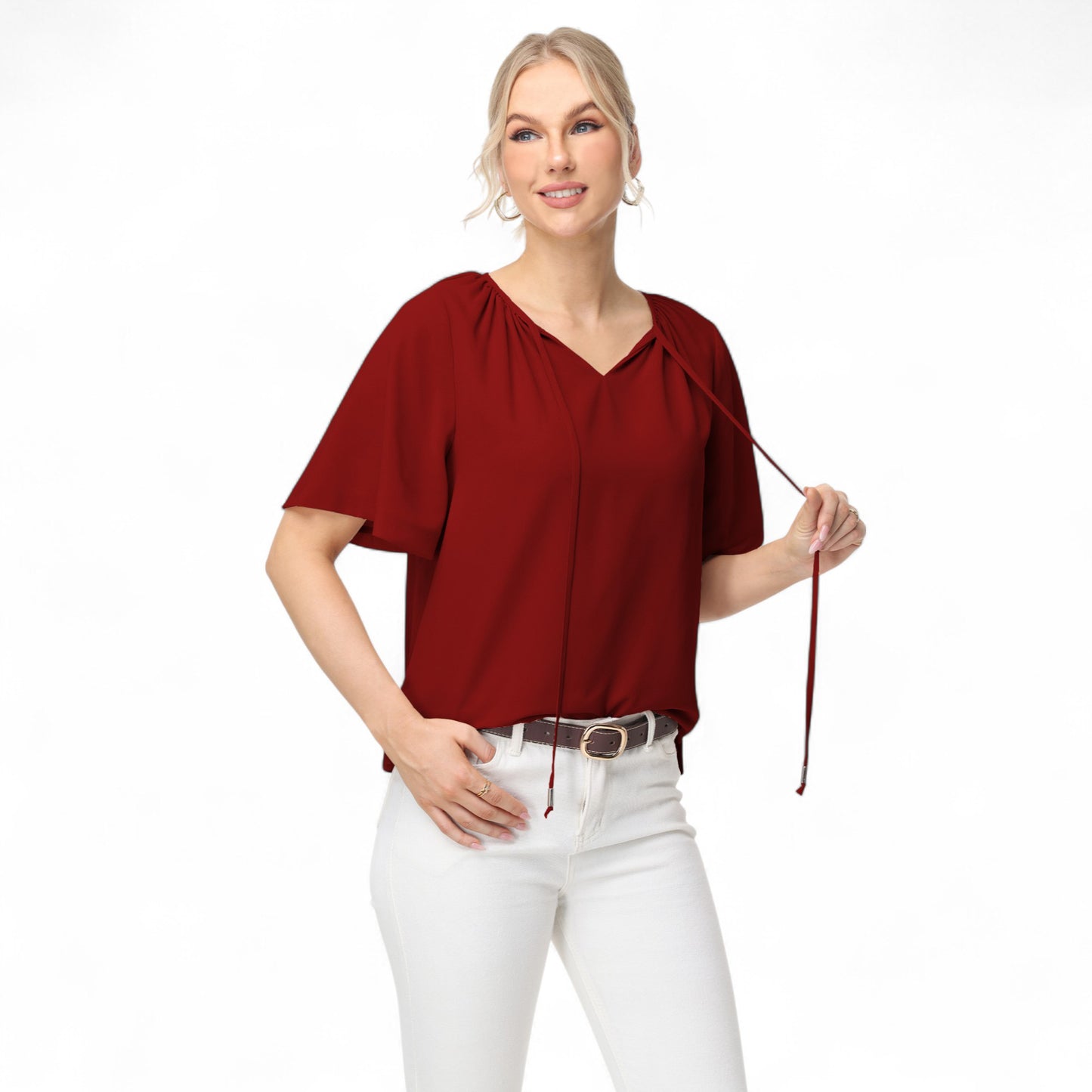 Anna-Kaci Women's Short Sleeve V-Neck Blouse with Gathered Shoulder Detail and Long Neck Tie Accent