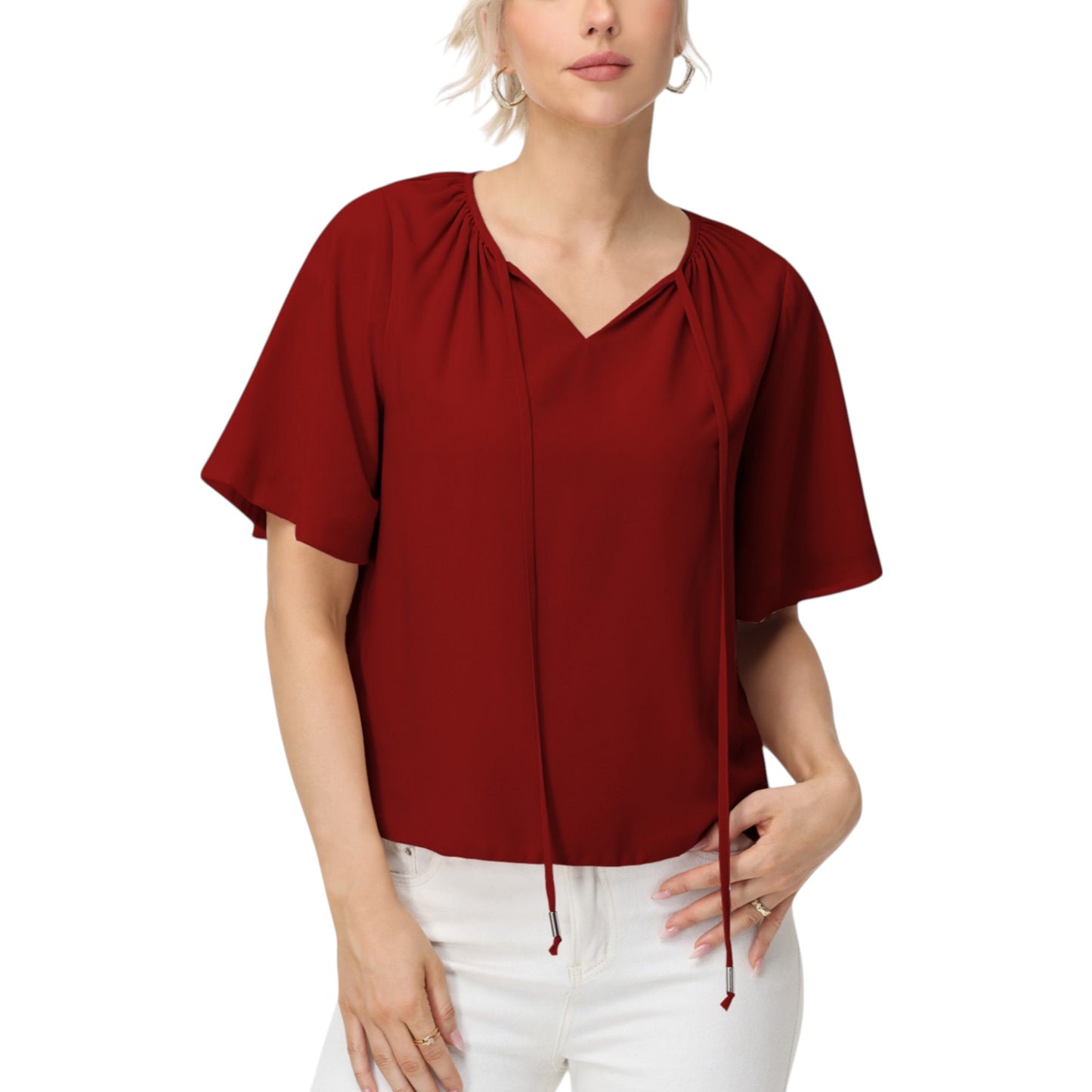 Anna-Kaci Women's Short Sleeve V-Neck Blouse with Gathered Shoulder Detail and Long Neck Tie Accent