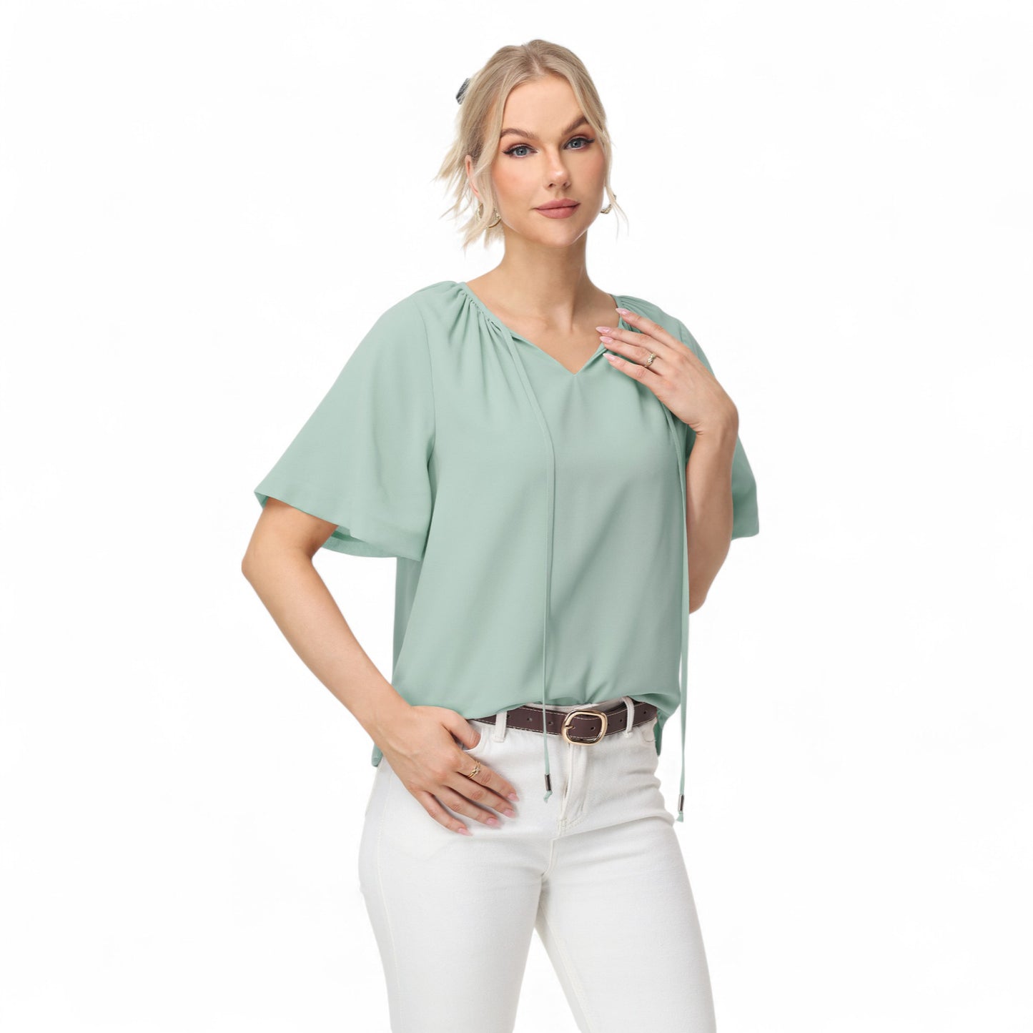 Anna-Kaci Women's Short Sleeve V-Neck Blouse with Gathered Shoulder Detail and Long Neck Tie Accent