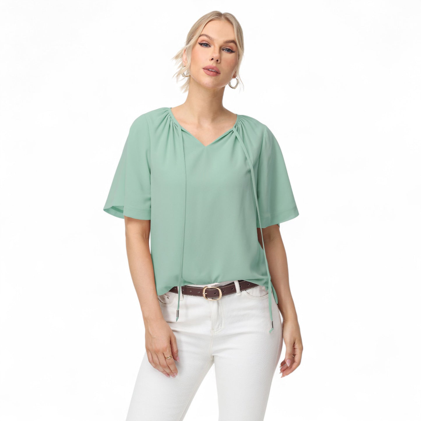 Anna-Kaci Women's Short Sleeve V-Neck Blouse with Gathered Shoulder Detail and Long Neck Tie Accent