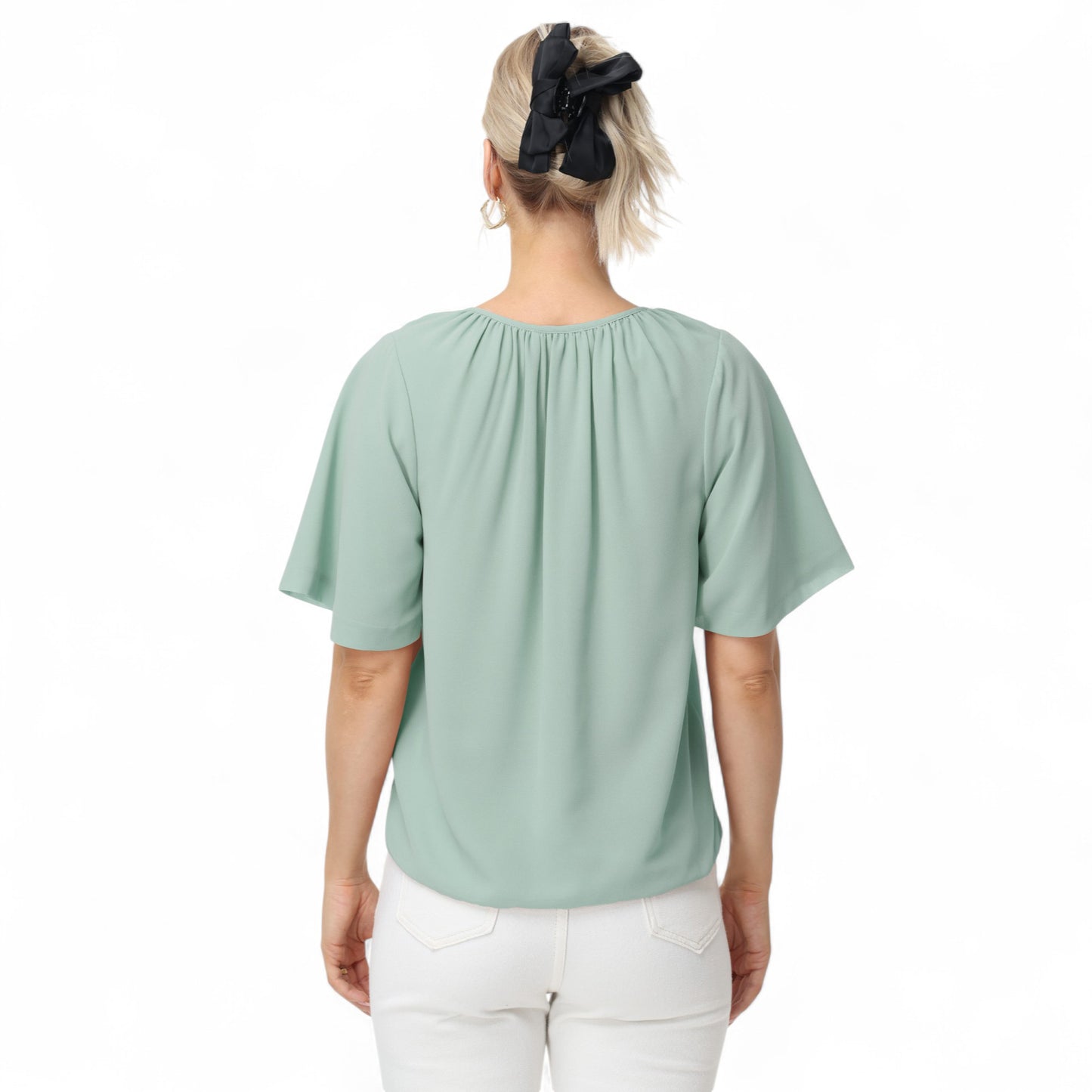 Anna-Kaci Women's Short Sleeve V-Neck Blouse with Gathered Shoulder Detail and Long Neck Tie Accent