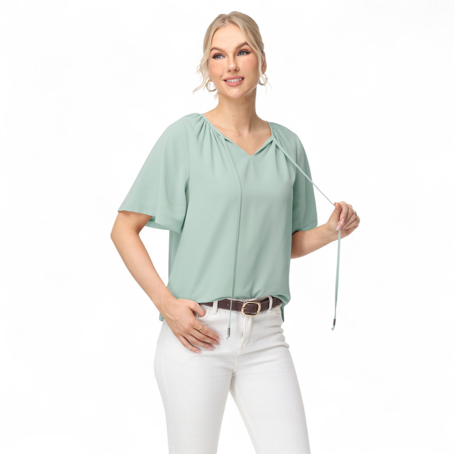 Anna-Kaci Women's Short Sleeve V-Neck Blouse with Gathered Shoulder Detail and Long Neck Tie Accent