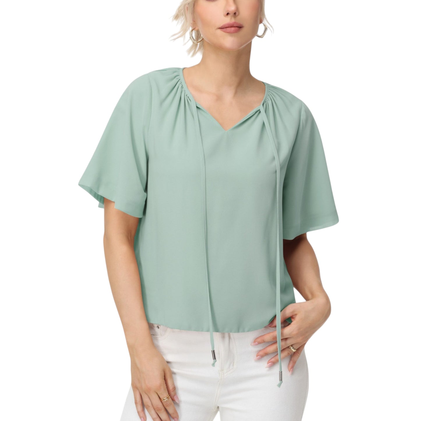 Anna-Kaci Women's Short Sleeve V-Neck Blouse with Gathered Shoulder Detail and Long Neck Tie Accent