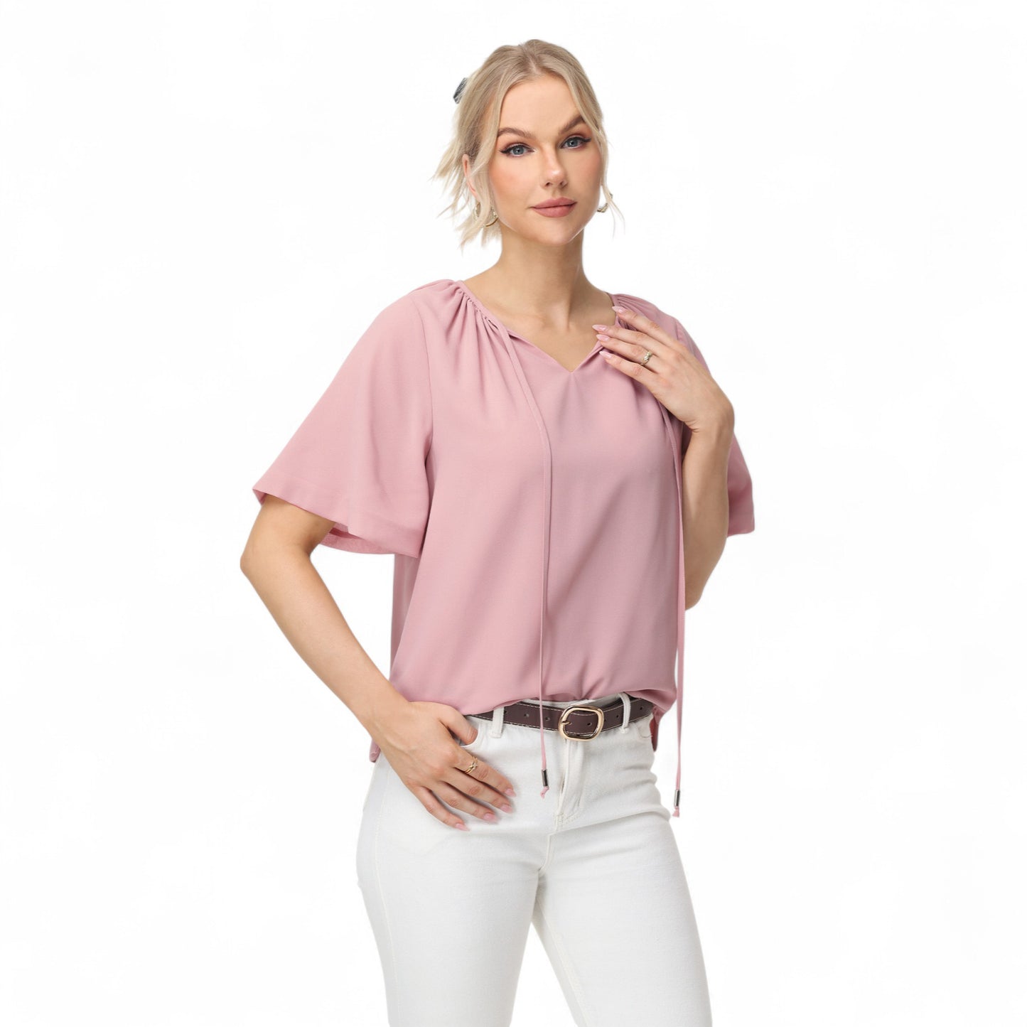 Anna-Kaci Women's Short Sleeve V-Neck Blouse with Gathered Shoulder Detail and Long Neck Tie Accent