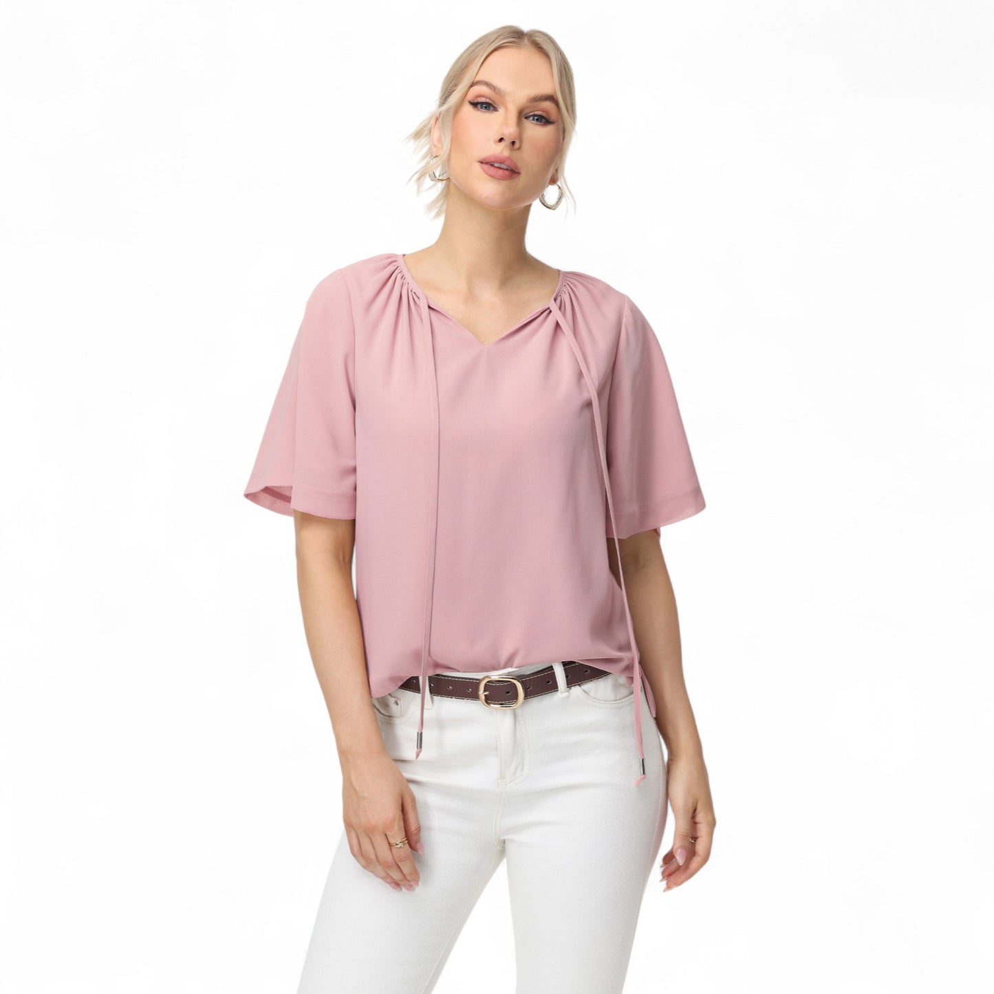 Anna-Kaci Women's Short Sleeve V-Neck Blouse with Gathered Shoulder Detail and Long Neck Tie Accent