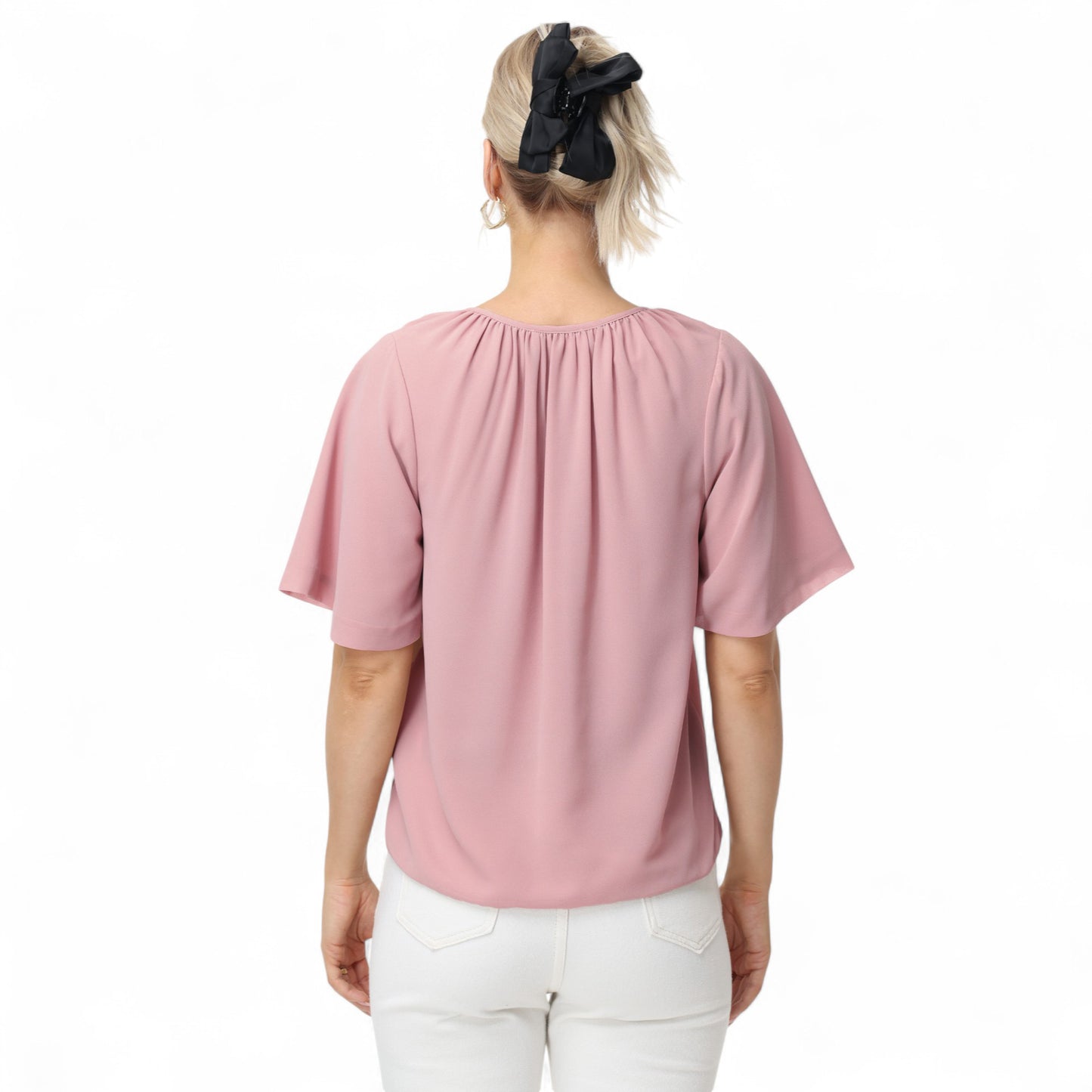 Anna-Kaci Women's Short Sleeve V-Neck Blouse with Gathered Shoulder Detail and Long Neck Tie Accent