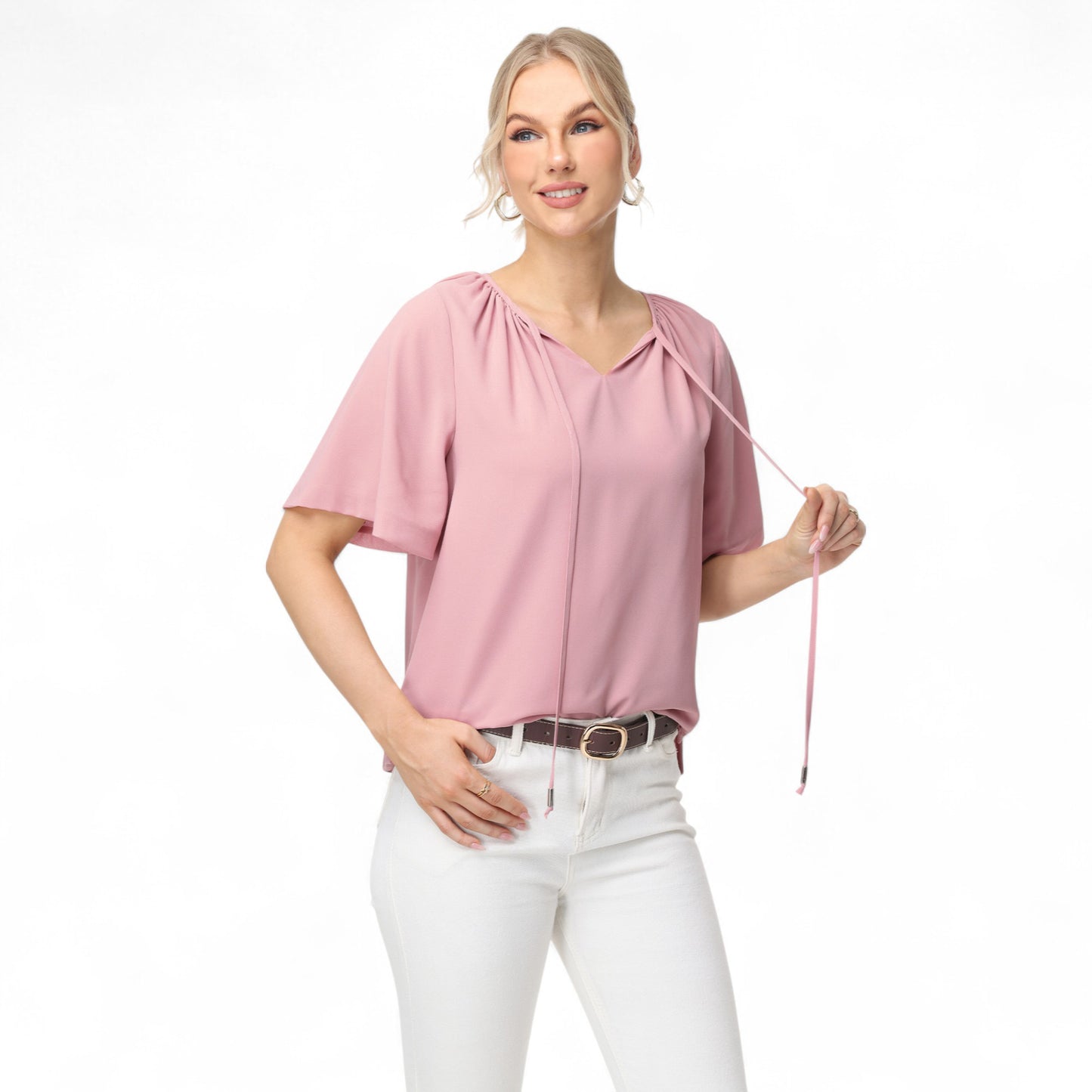 Anna-Kaci Women's Short Sleeve V-Neck Blouse with Gathered Shoulder Detail and Long Neck Tie Accent